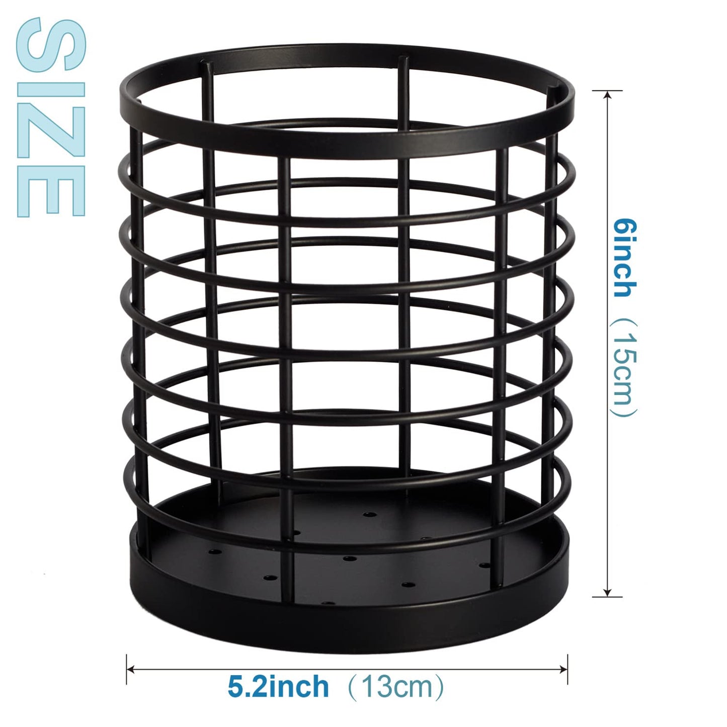 WDT Tool Utensil holder for Kitchen Counter - 5.2" x 5.2" x 6" Large Round Utensils Holder with Wooden Base Matte Black Cooking Utensil Holder,Kitchen countertop Utensil Organizer (Metal)