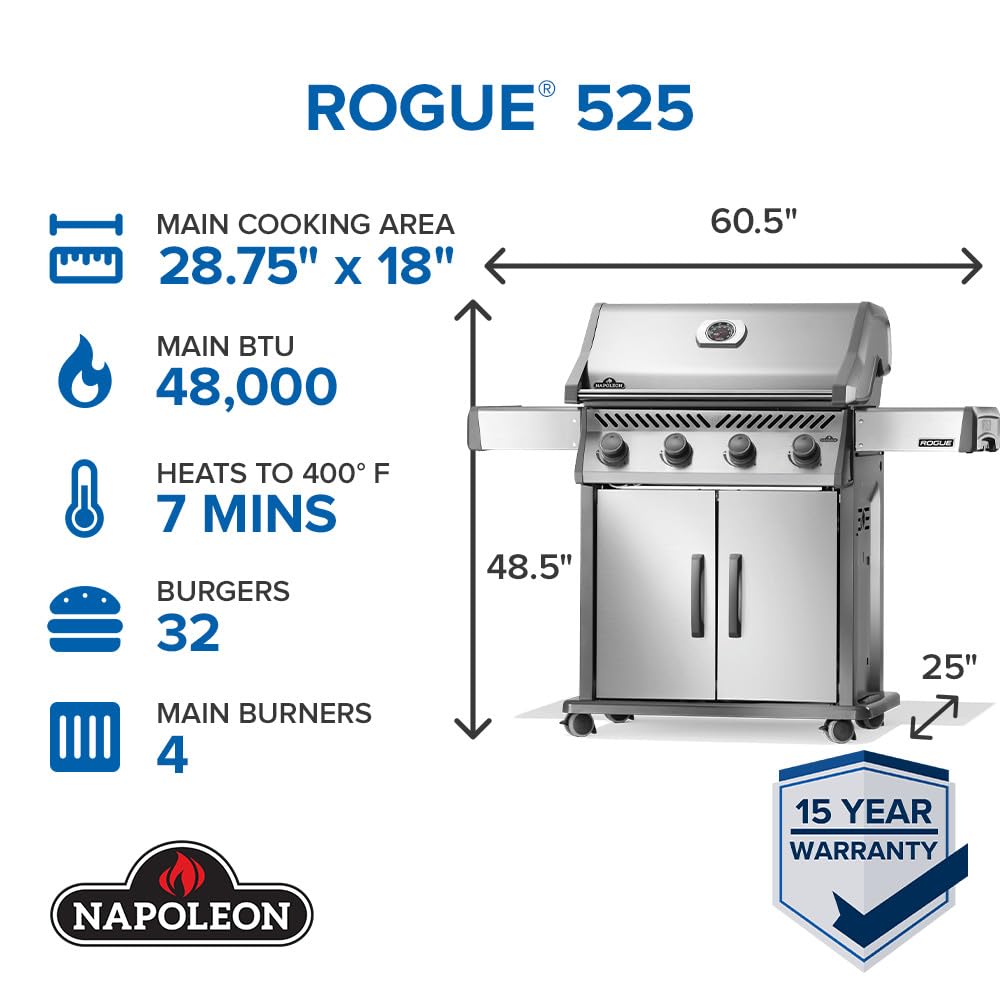 Napoleon Rogue 525 Propane Gas Grill, Stainless Steel, Durable 4-Burner Outdoor BBQ