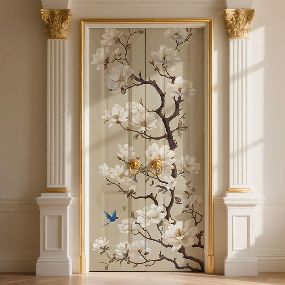 GOMAKERER 2 Pcs Branch and Bird Removable Refrigerator Wraps, Self-Adhesive Fridge Stickers Peel and Stick Vinyl Fridge Decals Sticker for Living Room Kitchen Bar Home Door Decor, 16.34x78.74 Inch