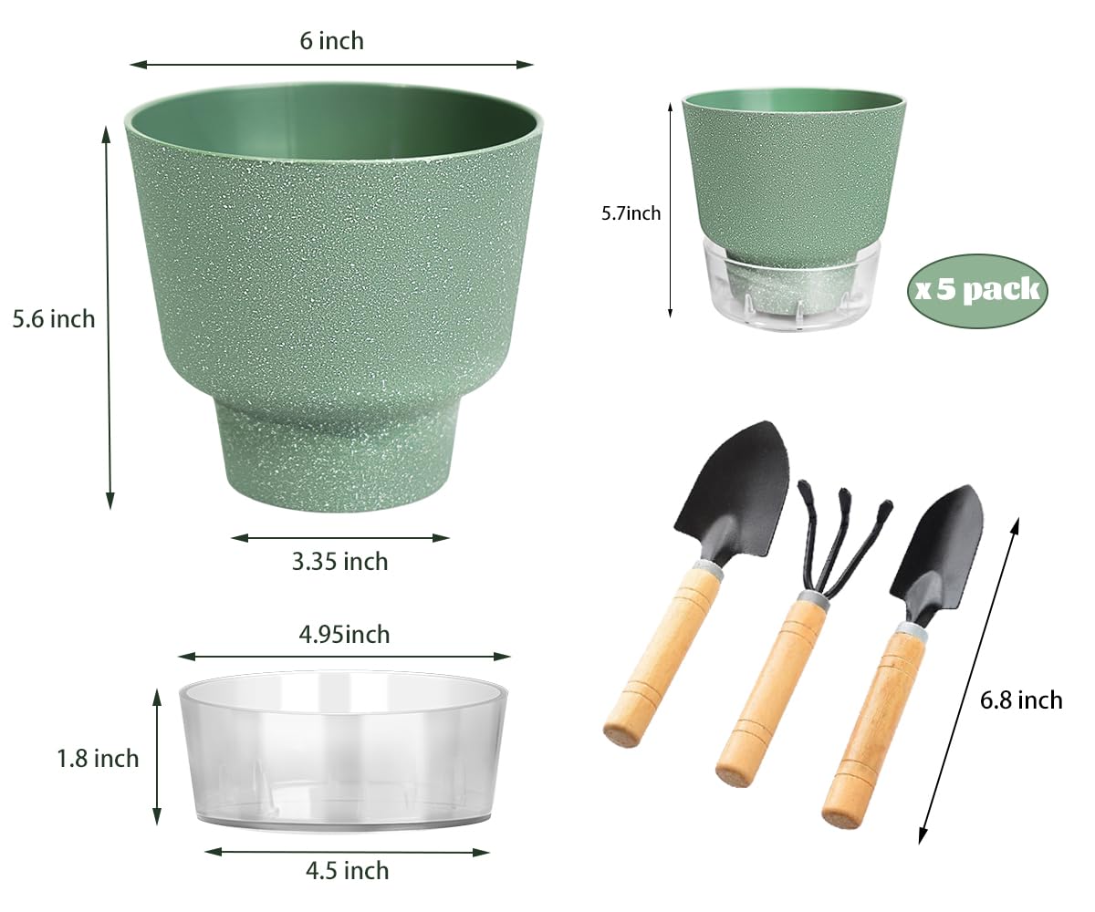 HYNZ 6-Inch Self-Watering Plant Pot with Visual Reservoir and Drainage Hole, Set of 5, Plastic Flower Pots, Planting Pot for Indoor Outdoor Plants (Frosted Mixed Color)