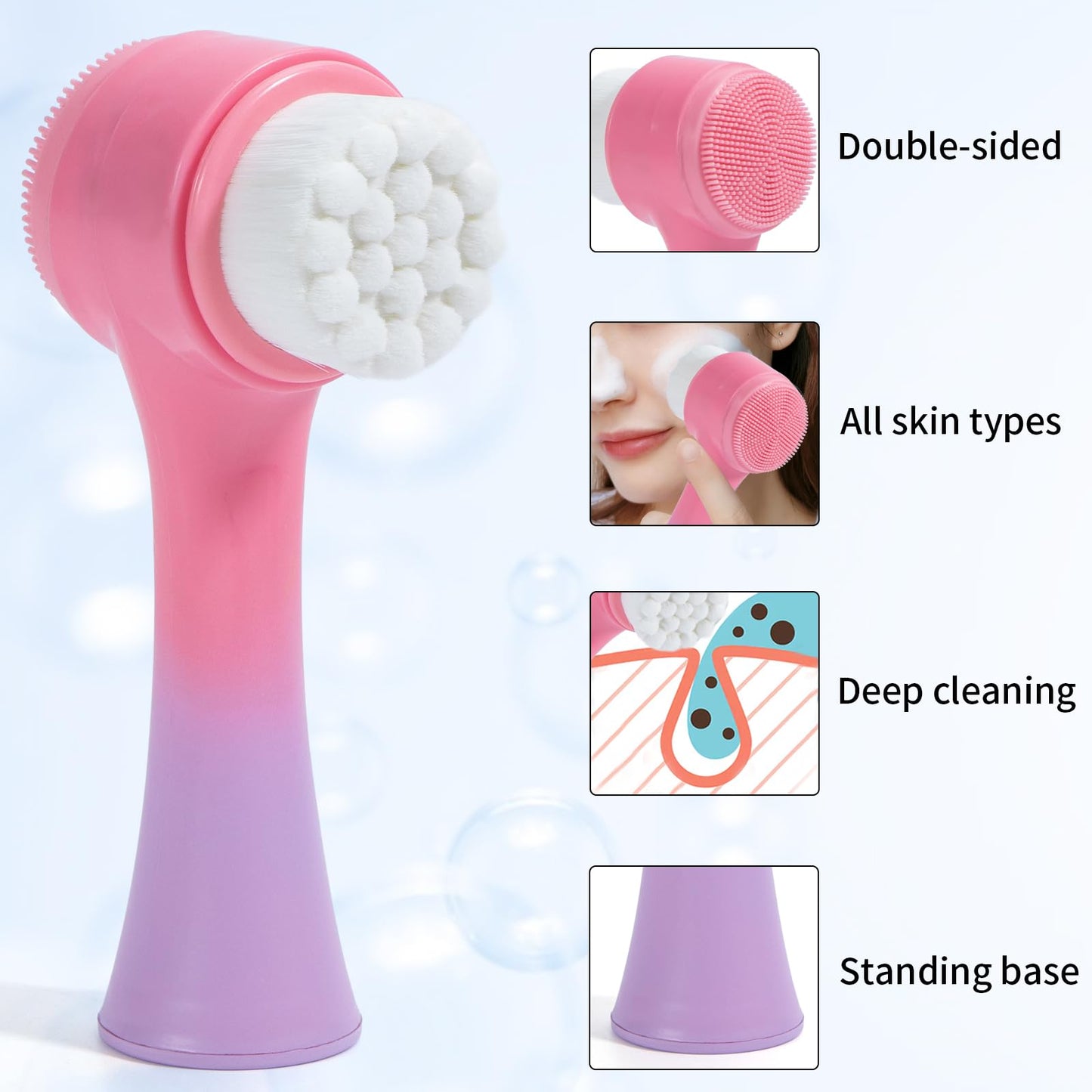 Beomeen Face Brush 2 in 1, Silicone Facial Cleansing Exfoliating Brush Soft Bristles Pore Deep Cleansing Manual Dual Face Wash Scrub Brush For Massaging, Makeup Skincare Removal, Gradient Pink