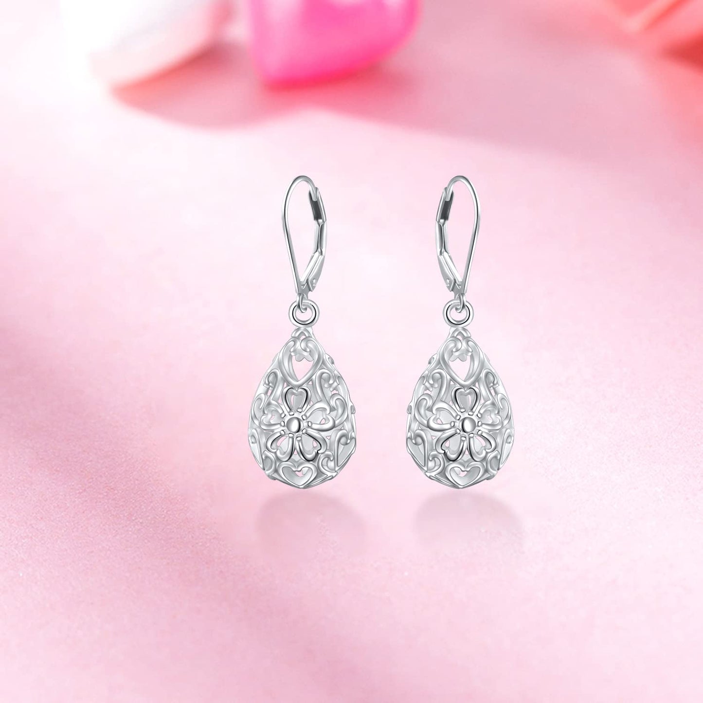SHAOAN 925 Sterling Silver Filigree Dangle Drop Earrings Flower Cherry Leverback Earrings for Women Jewelry for Mother’s Day