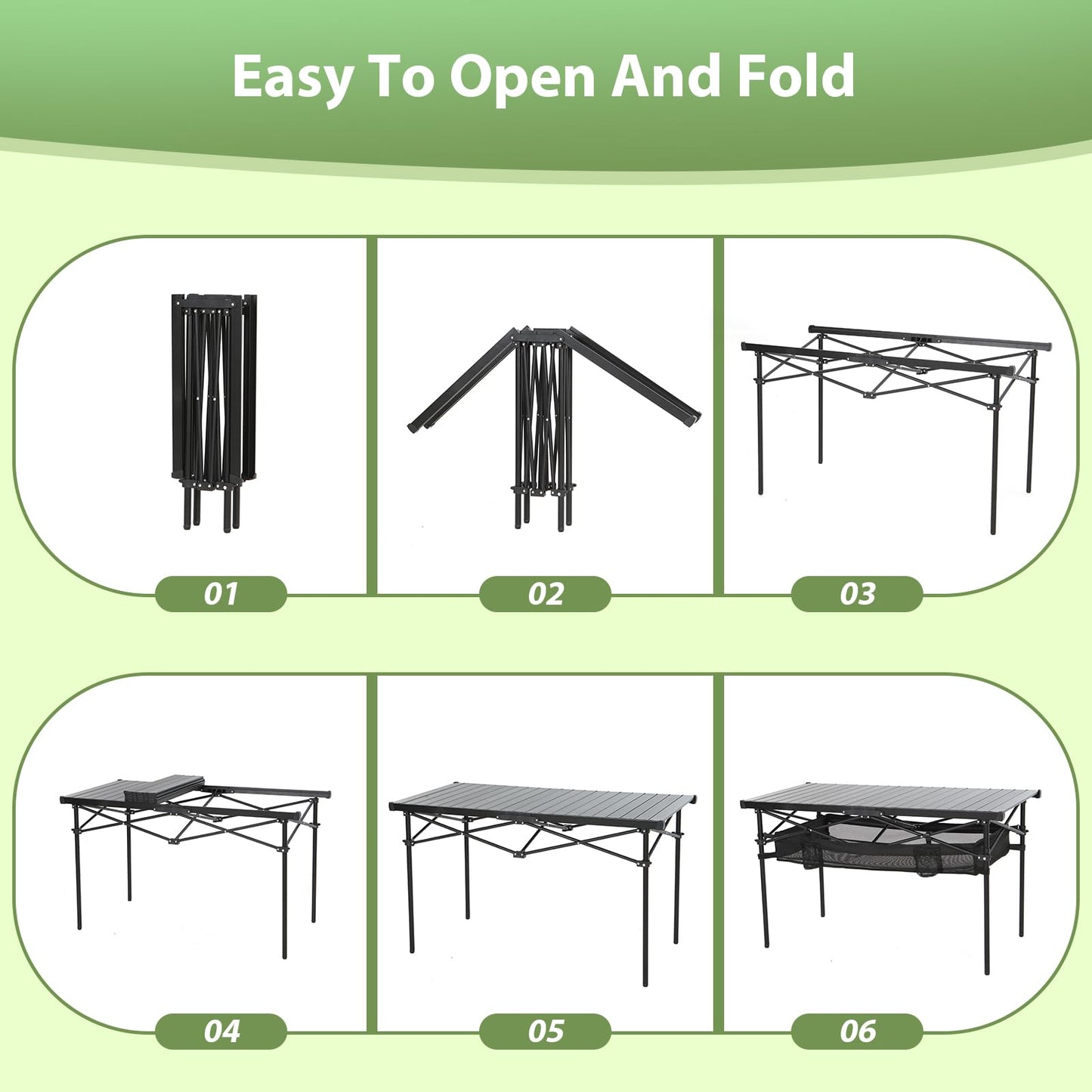 Nice C Portable Folding Camping Table, Aluminum Lightweight Roll-up Top Indoor&Outdoor Collapsible Table, with Mesh Net, Cup Holder, Carry Bag, Steel Frame, for Camping, Sports, BBQ, Picnic (Black)
