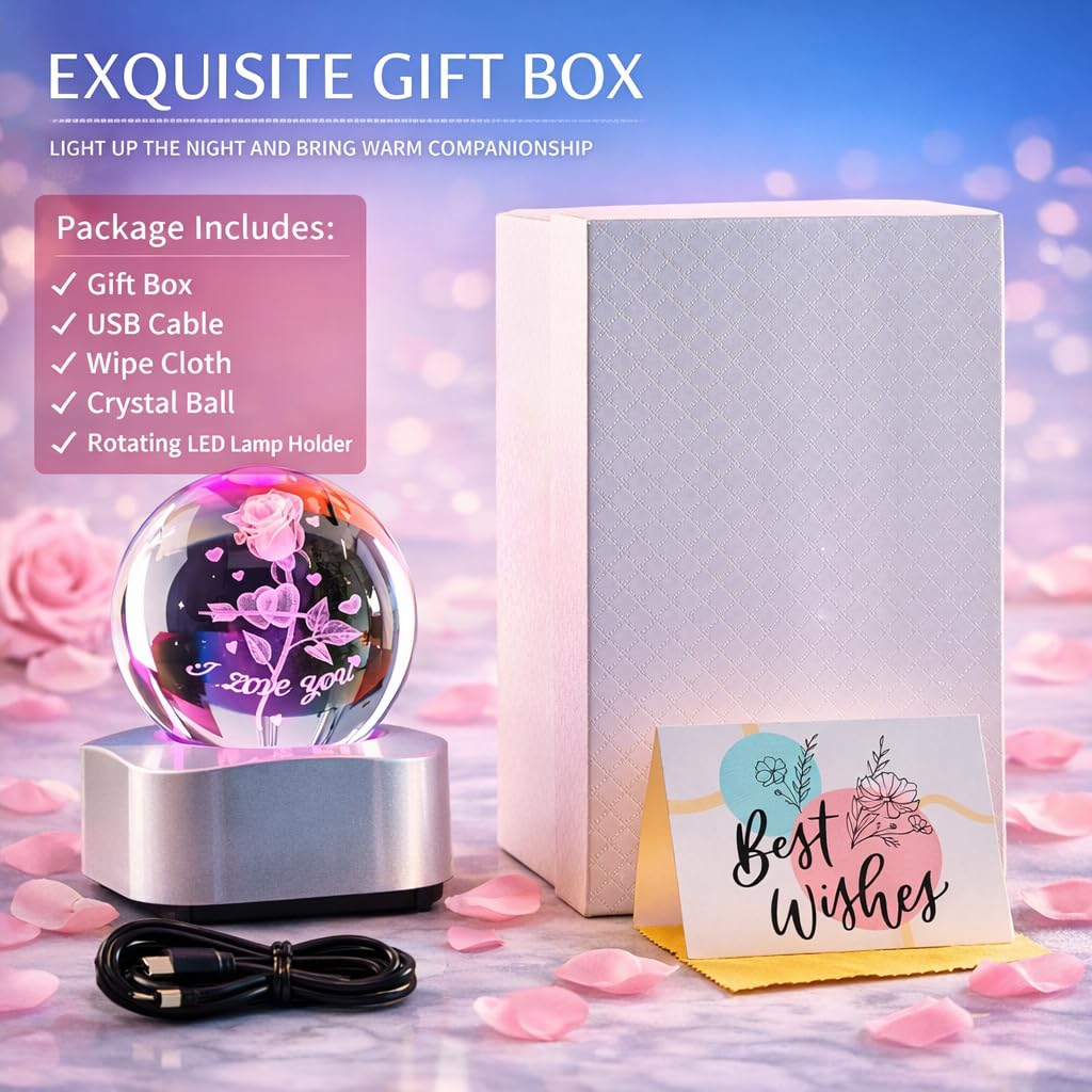Zerelys Valentineās Day Romantic Gift for Him Her -3D Rose Crystal Night Light Gifts for Girlfriend Wife Husband Couples Wedding Anniversary Birthday Keepsake with Automatic Rotating Light Led Base