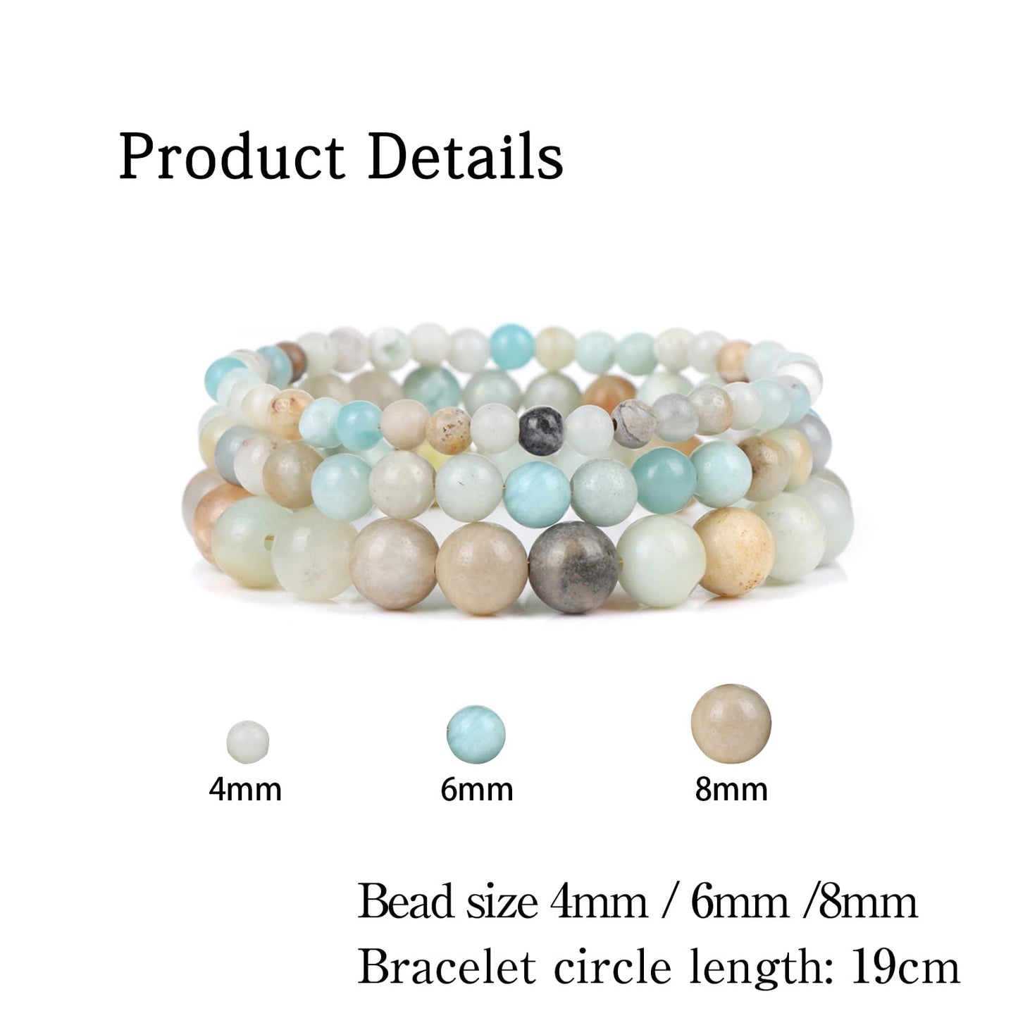 Risyfjew 3 PCS Natural Stone Beaded Stretch Bracelet 4mm 6mm 8mm Healing Crystal Bracelets Women Amazonite Jewelry Gifts