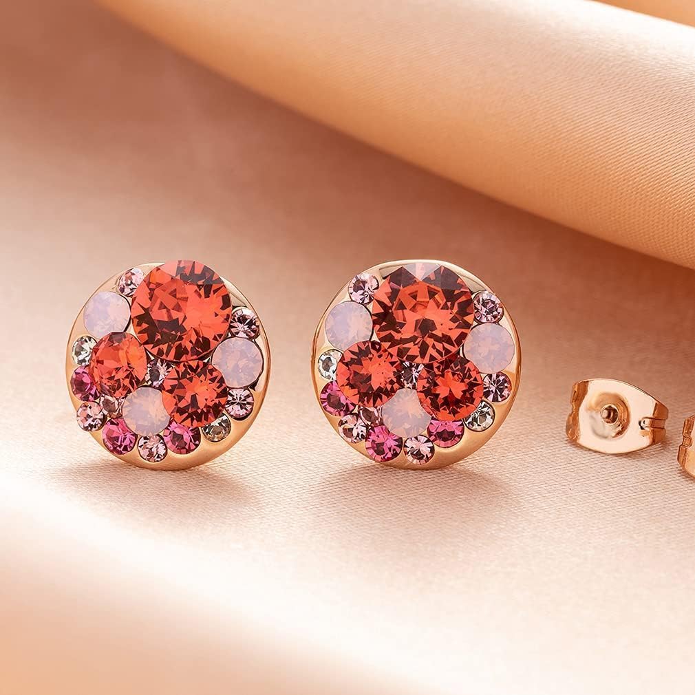 Multicolored Austrian Crystal Rhinestone Stud Earrings for Women Fashion S925 Sterling Silver Hypoallergenic Jewelry (Pink Red Crystals/Rose Gold-tone)