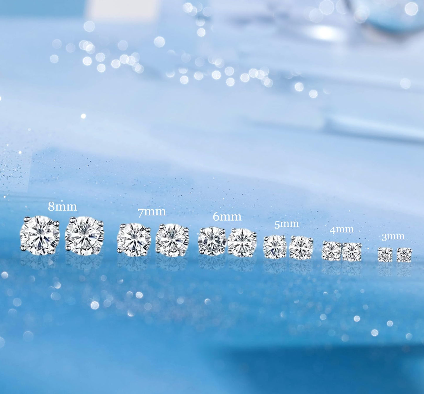 Gemsme 6 Pairs Cubic Zirconia Stud Earrings for Women/Men - 3-8mm Round Cut 4 Prong Settings 18K Gold Plated Hypoallergenic Earrings Set -White Gold