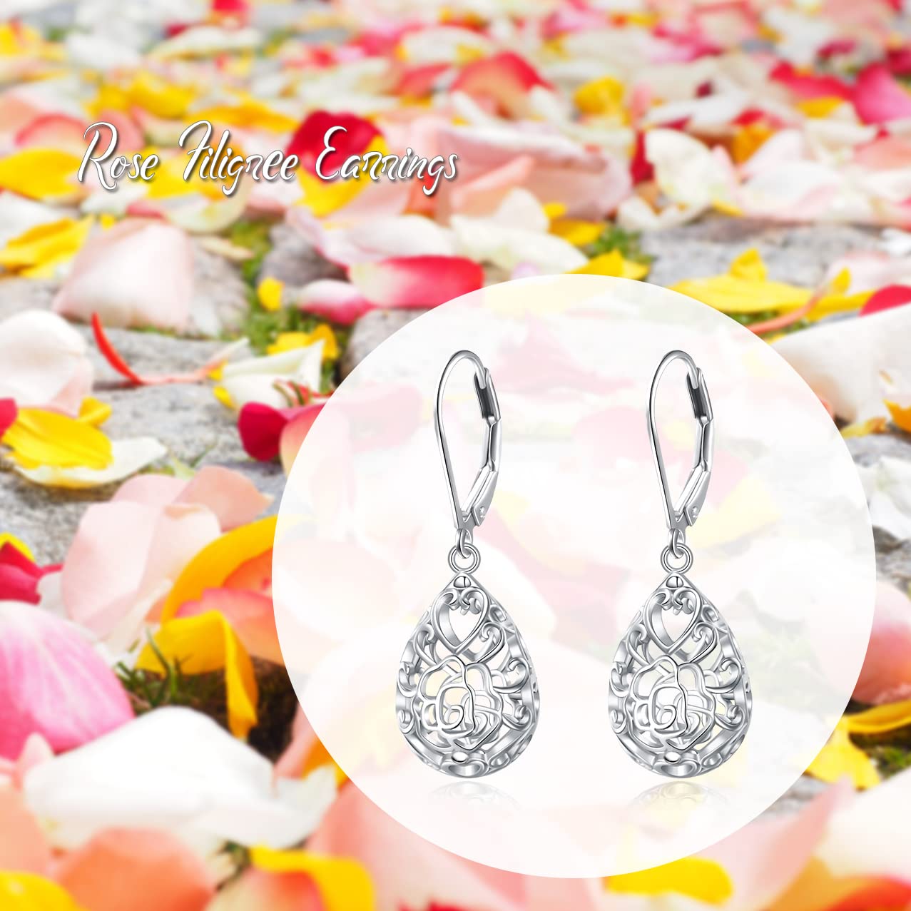 SHAOAN 925 Sterling Silver Filigree Dangle Drop Earrings Flower Rose Leverback Teardrop Earrings for Women Jewelry for Mother’s Day