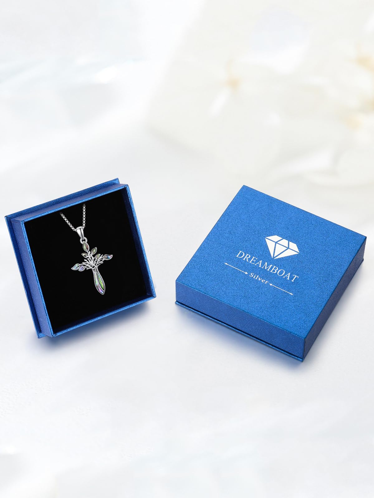 Dreamboat Cross Necklace for Women Sterling Silver Cross Pendant Tree of Life Necklace Abalone Shell Faith Confirmation Gifts Christian Religious Jewelry for Mom