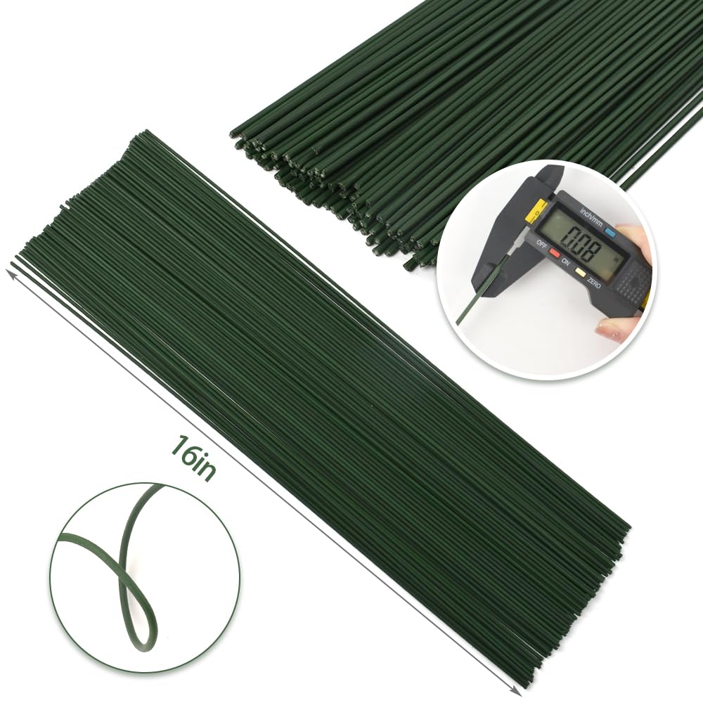 HAIOPS Floral Stems Wire 150pcs 16 Inch 14 Gauge Green Floral Wire Stems for DIY Crafts, Flower Arrangement, Wreath