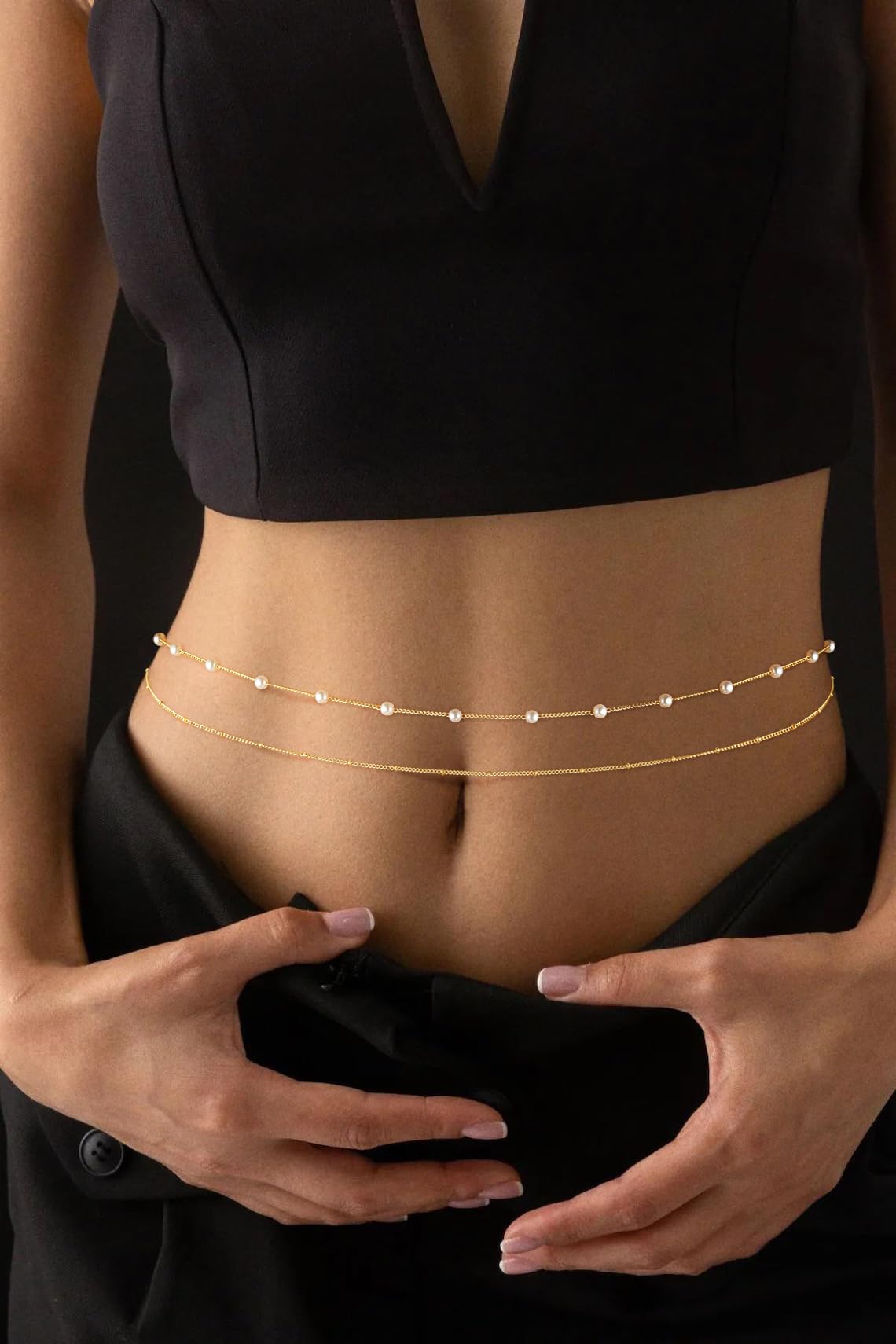MFRYK 2PCS 14K Gold Plated Waist Chain Layered Pearl Satellite Belly Body Chain Boho Beach Waist Chains For Women Adjustable Waterproof Sexy Bikini Body Chain Jewelry For Women