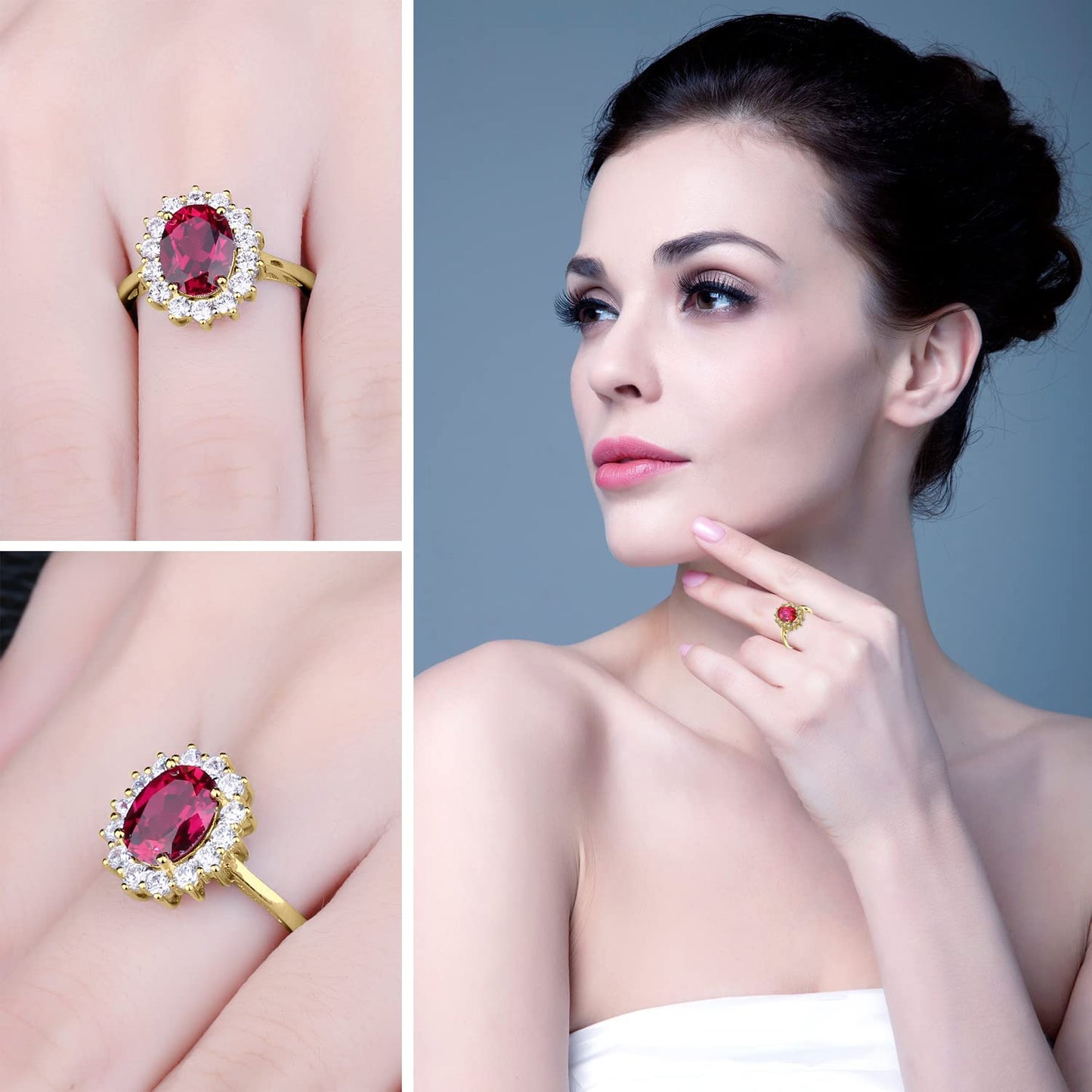 JewelryPalace Princess Diana Kate Middleton Gemstone Birthstone Red Ruby Halo Statement Engagement Rings for Women, 14K Yellow Gold Plated 925 Sterling Silver Promise Rings for Her Size 10.5