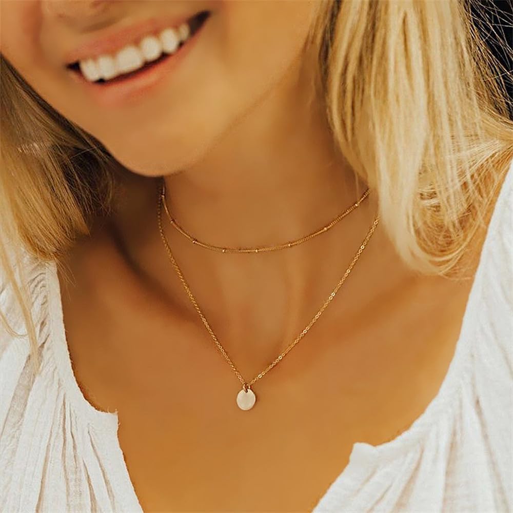JELLYSEE Gold Necklaces for Women - 14K Gold Plated Layering Necklaces Trendy Circle Paperclip Chain Pendant Choker Necklace, Simple Diamond Cross Bow Jewelry Set Gifts for Women