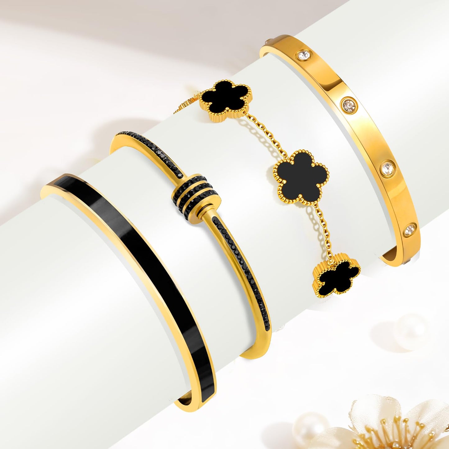 MOINSPIRE 18K Gold Plated Bracelets for Women, Stainless Steel Four Leaf Clover Tennis Nail Love Bangle Bracelets Set, Trendy Stackable Twist Cuff Bracelet Non Tarnish Jewelry Gifts for Christmas