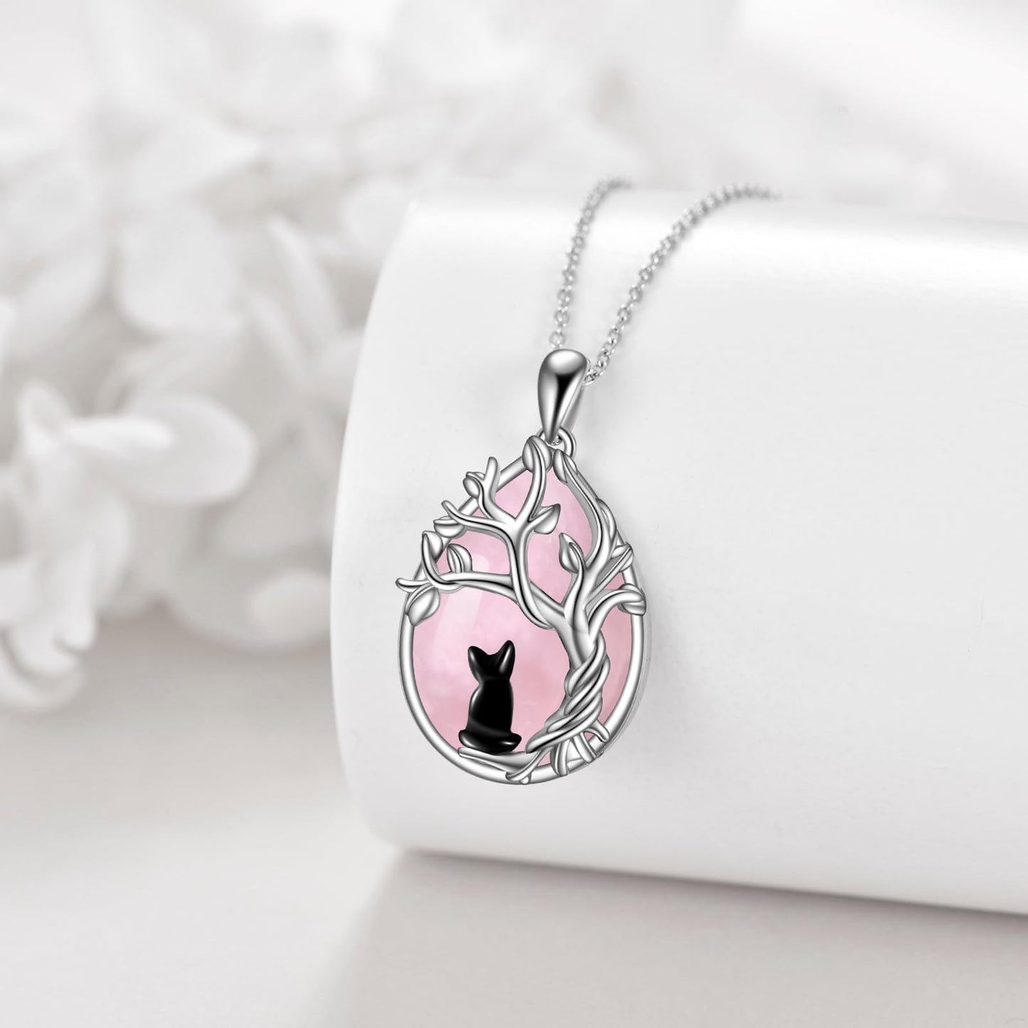 POPLYKE Rose Quartz Tree of Life Black Cat Necklace for Women 925 Sterling Silver Family Tree Pendant Jewelry Birthday Gifts
