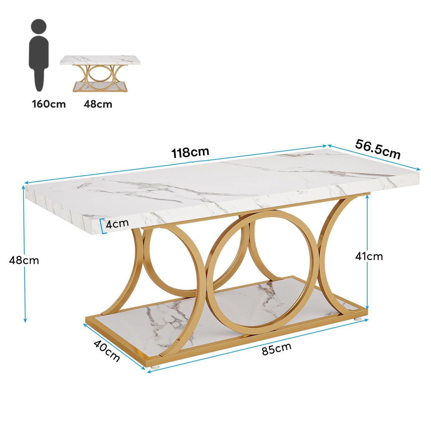 Tribesigns 46.45” Rectangle Coffee Table, Modern Coffee Tables for Living Room, 2-Tier Faux Marble Wood Coffee Table with Geometric Legs, Furniture with Storage Shelf (White & Gold)