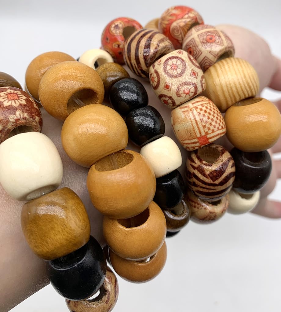 200Pcs Large Hole Barrel Wood European Loose Beads 4 Colors Natural Wooden Dreadlock Hair Braid Beads for Hair Braids Jewelry Bracelet Necklace Making 16x16-17mm