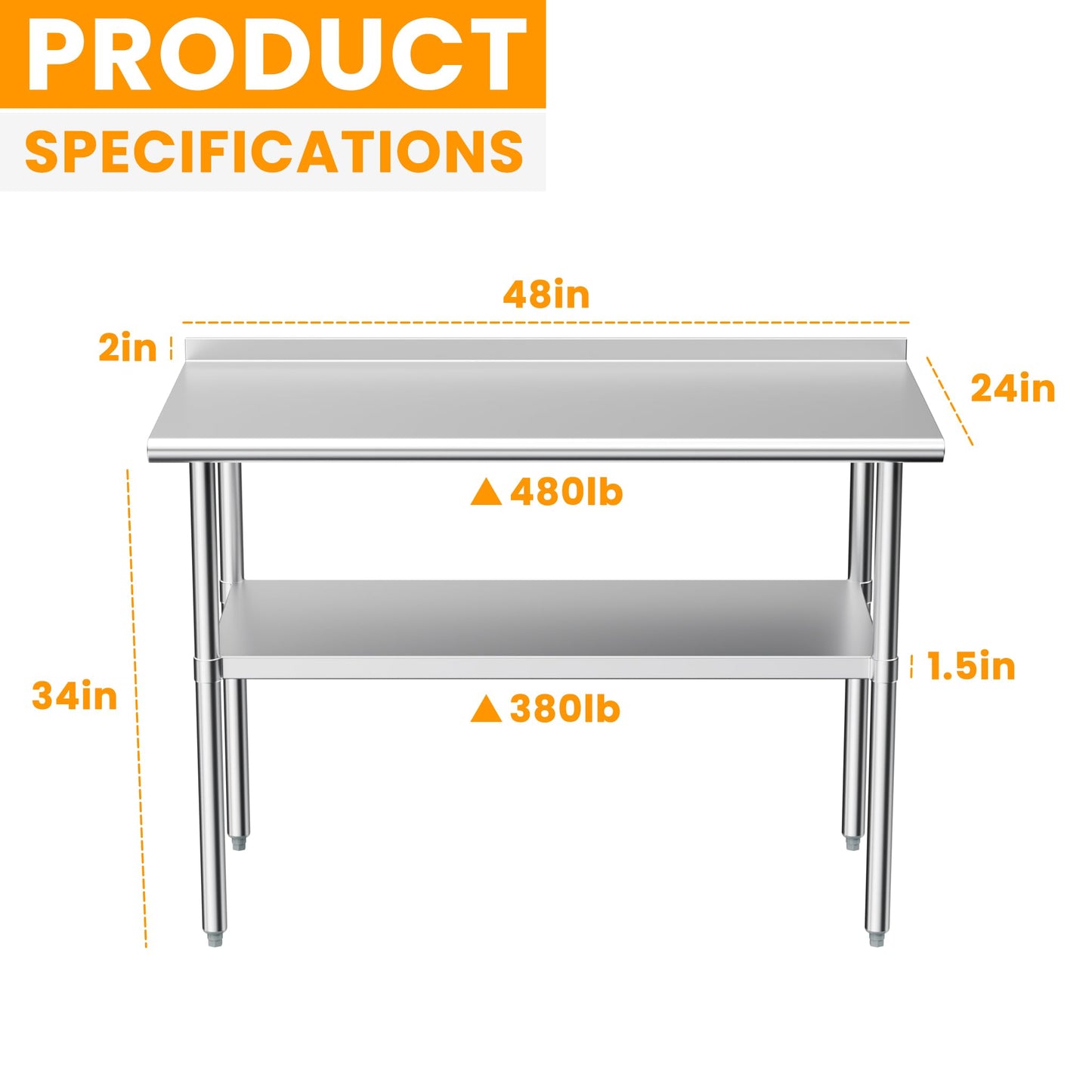 Derro Stainless Steel Table for Prep & Work, 24 x 48 in, NSF Metal Commercial Heavy Duty Table with Backsplash and Adjustable Under Shelf and Foot for Restaurant, Home and Hotel