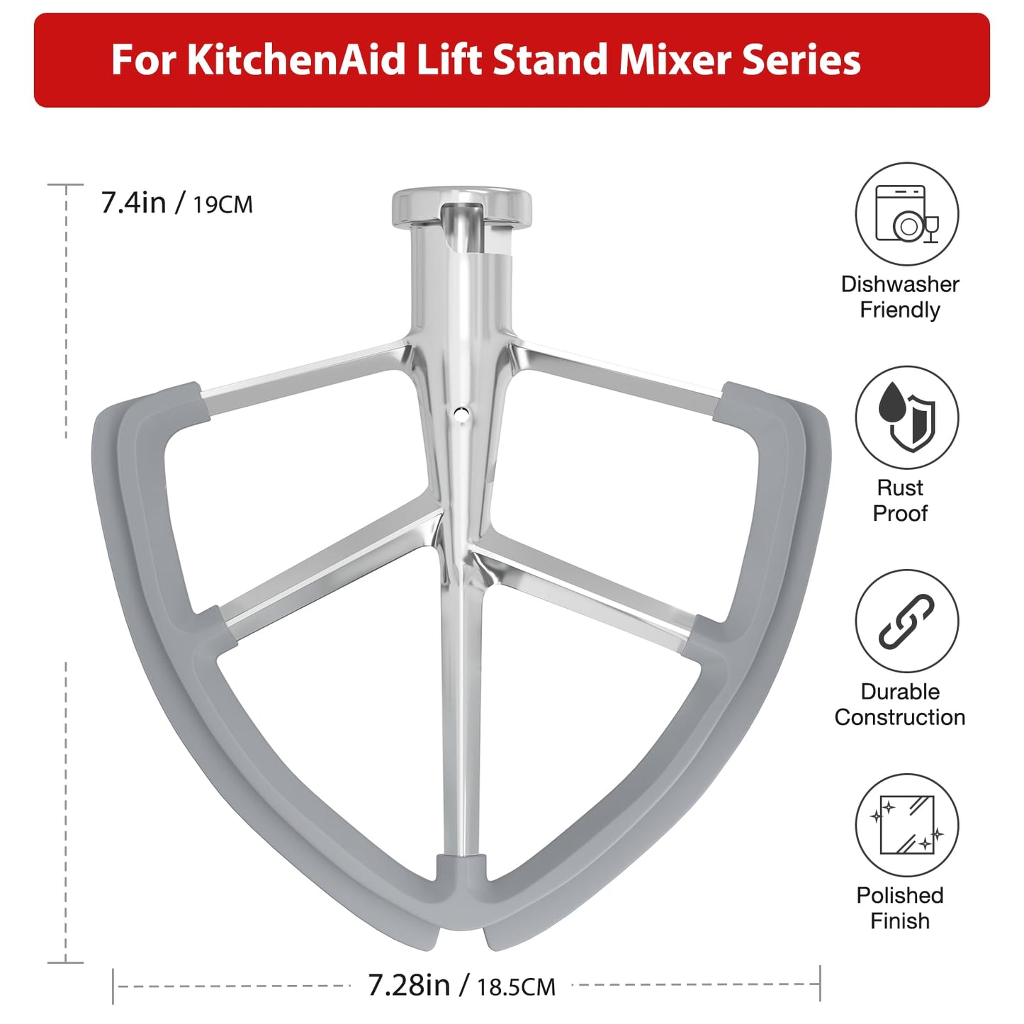 6QT Stainless Steel Flex Edge Beater for KitchenAid Mixer Professional 6 Quart Paddle Attachment Compatible with Kitchen Aid Accessories KD2661X, KP2671X with Silicone Edges Scraper