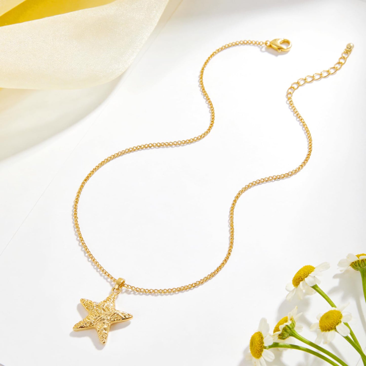 NEKOL Gold Starfish Pendant Necklace for Women, 14k Gold Plated Cute Textured Sea Star Necklace Shining Starfish Statement Necklace Party Summer Beach Ocean Jewelry Gift