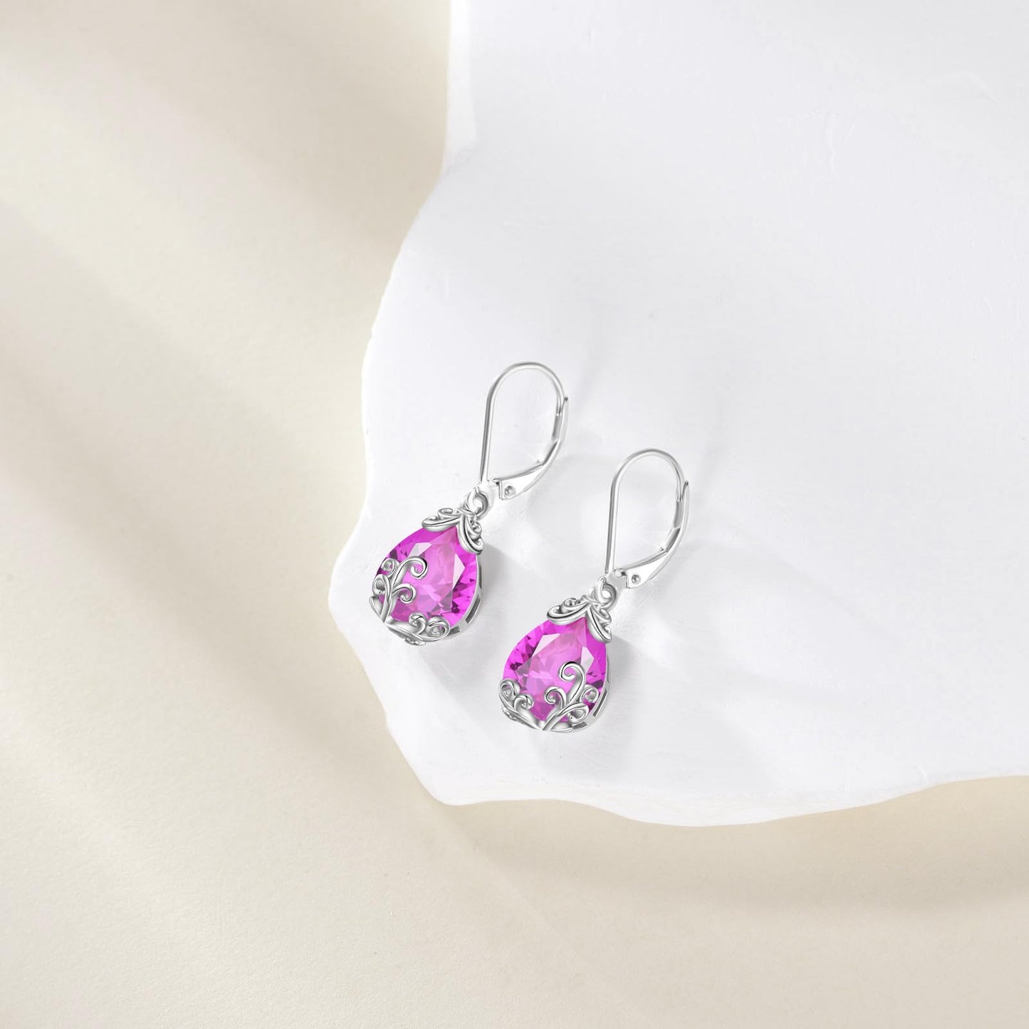 POPLYKE BirthStone Filigree Dangle Earrings Sterling Silver Pink Tourmaline Leverback Earrings October Birthstone Jewelry Gifts for Women