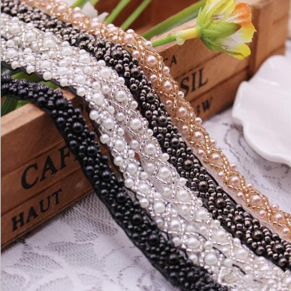 FQTANJU 3 Yards White Beaded Crystal Rhinestone Applique, Rhinetones Trim for Dress, Bridal Applique, Crystal Beaded Applique for Bridal Wedding, Party and Other Formal Occasions