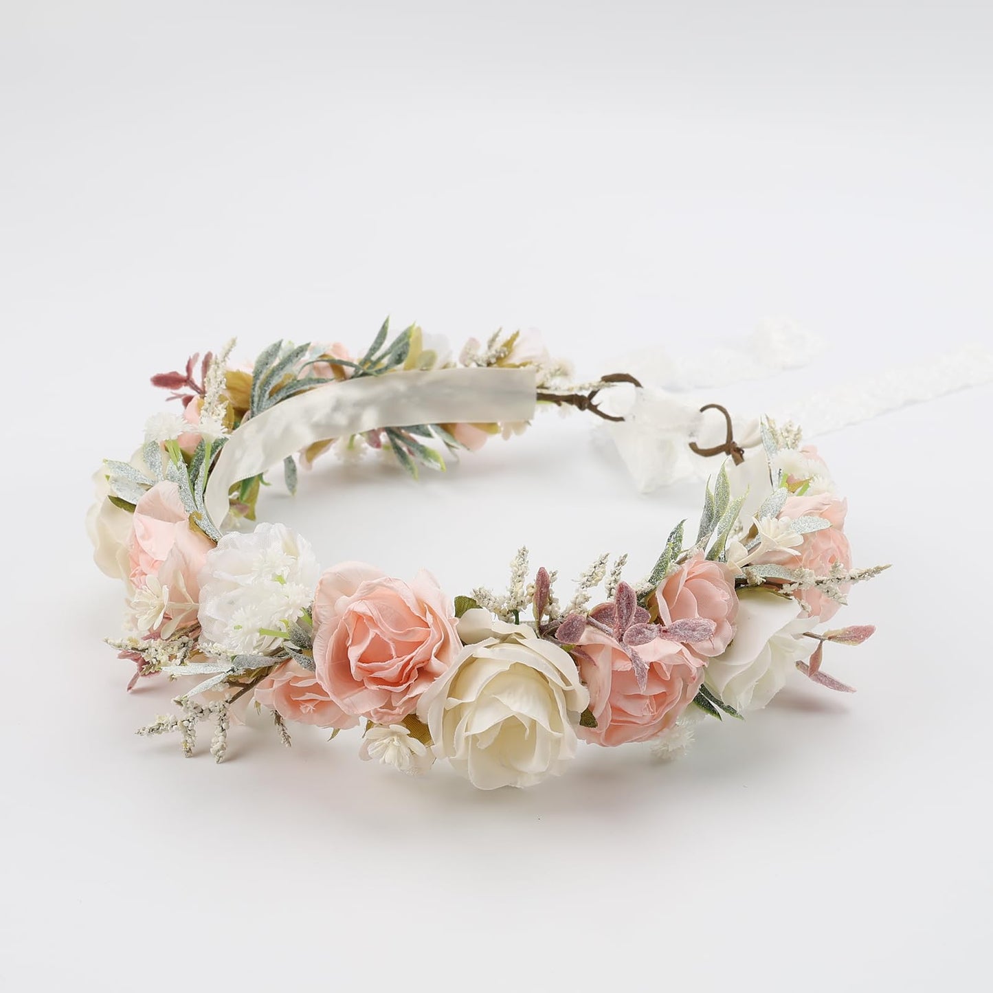 PoshMyra Flower Crown for Girls Wedding Peach Floral Holo Hair Headpiece Bridal Wreath Bridemaid Crown Kids Garland Family Photo Shoots Prop Headband for Women Maternity Wreath for Poppy Dogs