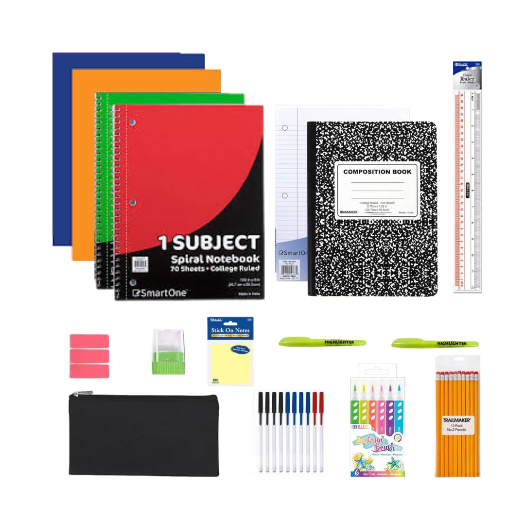 Essential 40-Piece Student Supply Kit β Ideal for students returning to class - Includes Notebooks, Folders, Pencils, Pens, Highlighters, Erasers, Ruler,