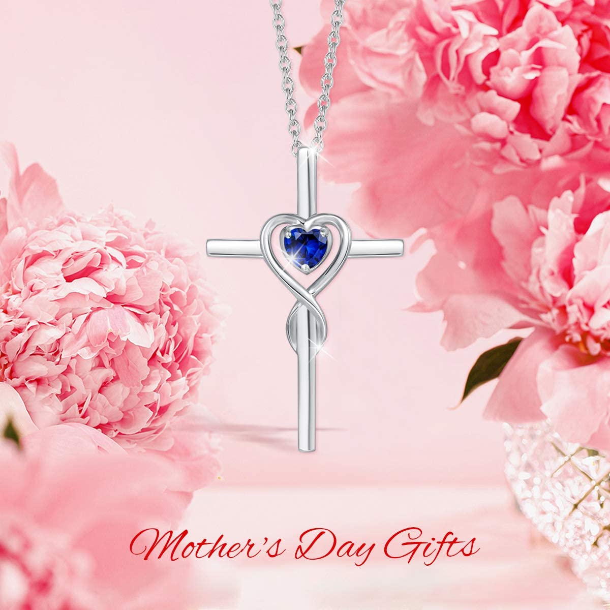 FANCIME Blue Sapphire Cross Necklace For Women Sterling Silver Birthstone Blue Sapphire Infinity Heart Cross Pendant September Birthstone Jewelry Gifts for Women