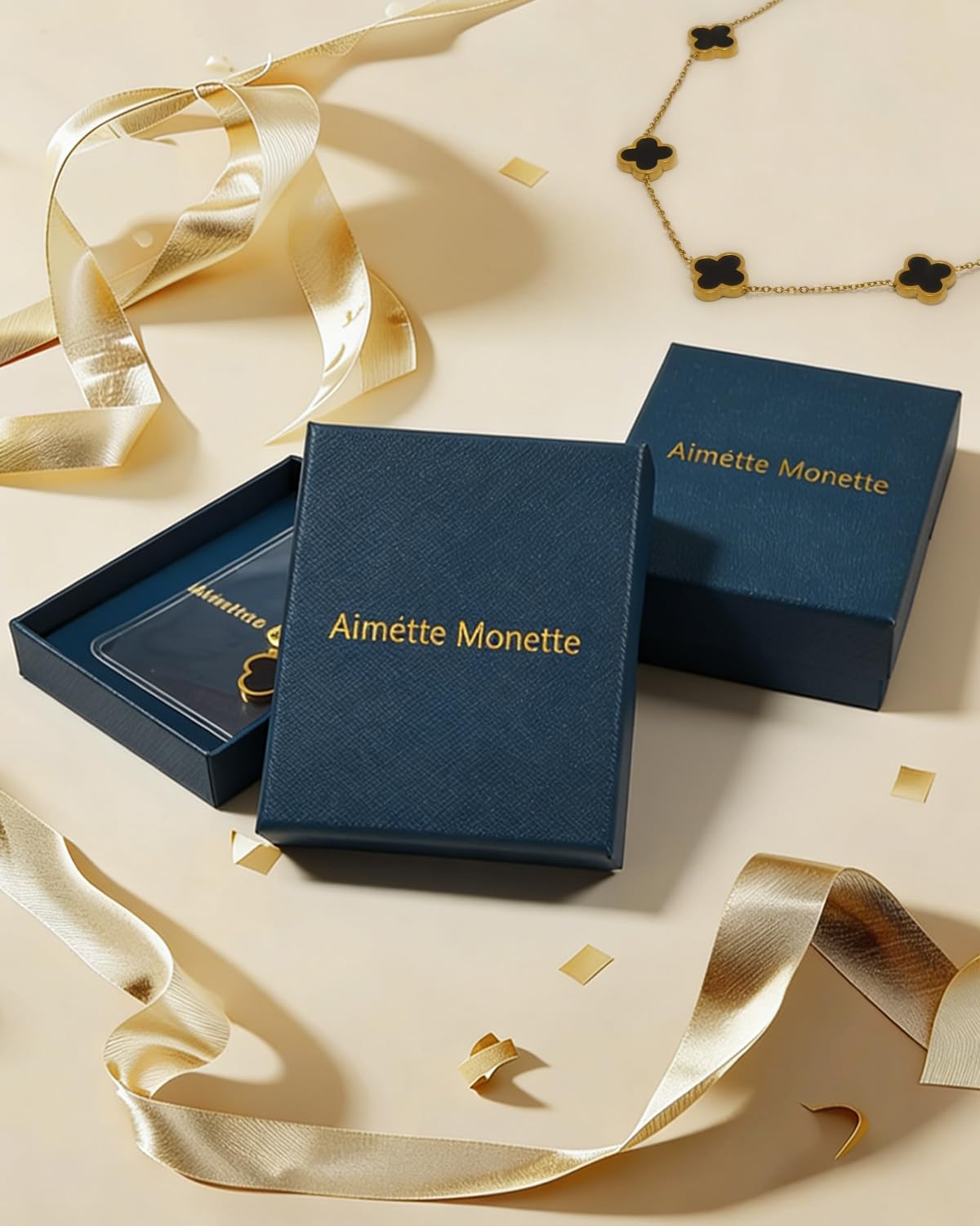 Aimétte Monette 18K Gold Plated Jewelry Set, Clover Necklace and Clover Bracelets Set, Women's Hypoallergenic Black Gold Lucky Clover Bracelet and Necklace Fashion Gifts for Women Trendy