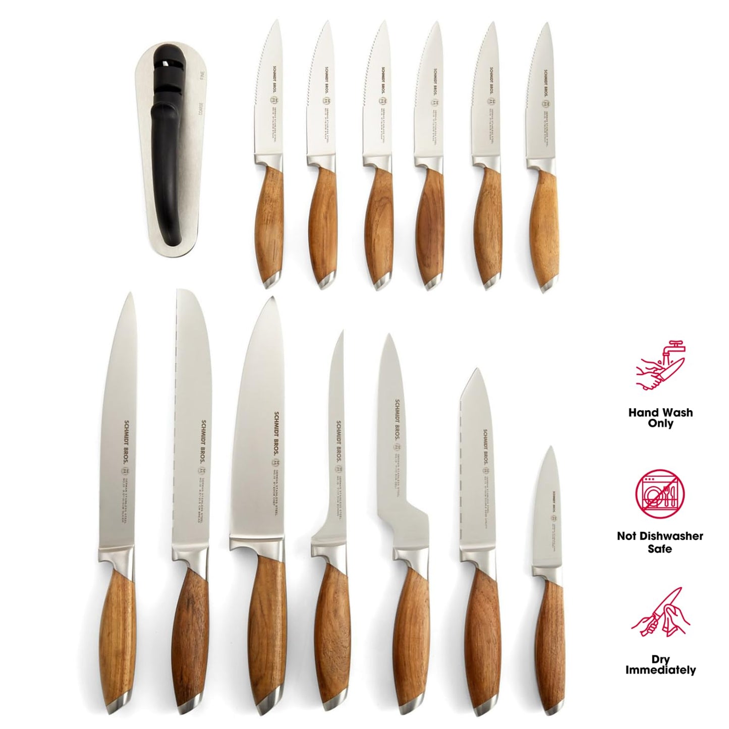 Schmidt Brothers - Bonded Teak, 15-Piece Knife Set, High-Carbon Stainless Steel Cutlery with Acacia and Acrylic Magnetic Knife Block and Knife Sharpener