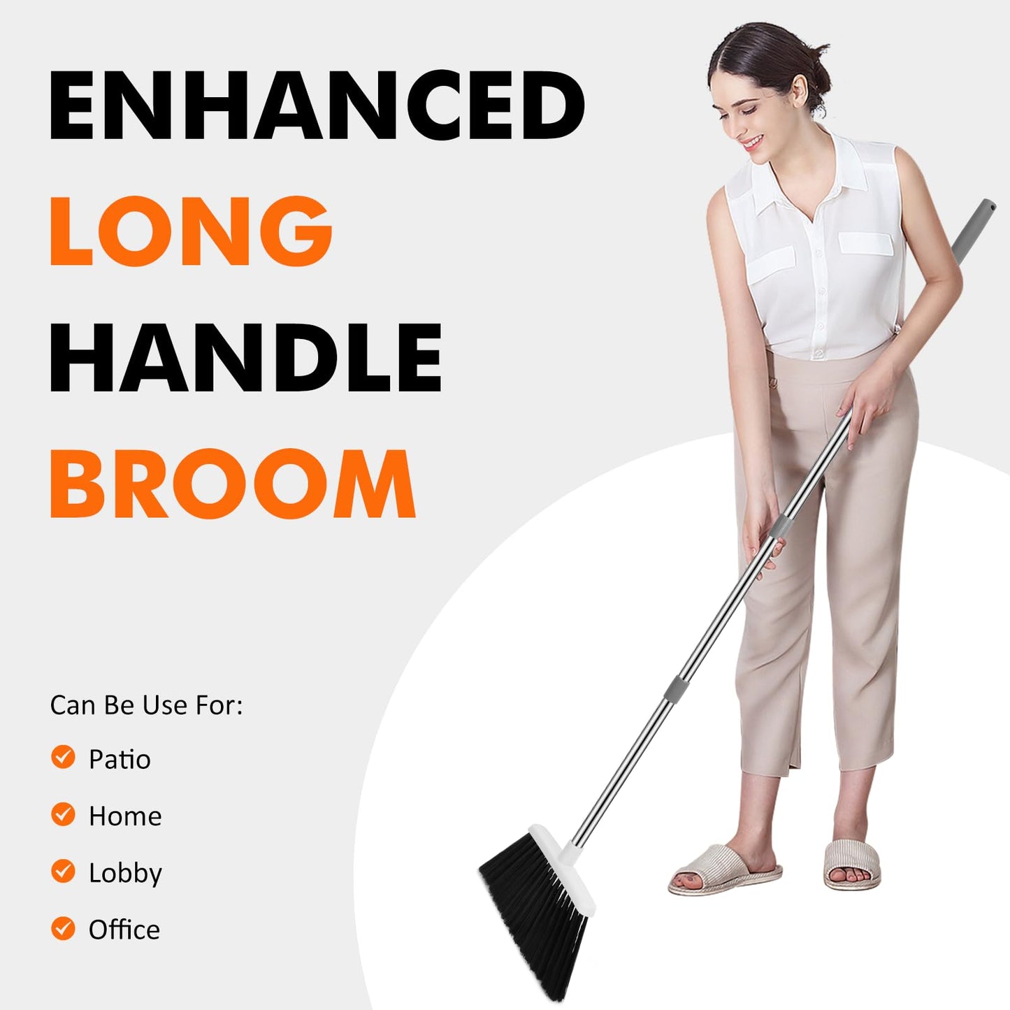 Heavy Duty Broom, 55 Inch Long Handle Outdoor Large Angle Brooms, Commercial Broom for Sweeping Indoor, for Home Garage Kitchen Office Courtyard Lobby Patio Lawn Concrete(Grey&White)