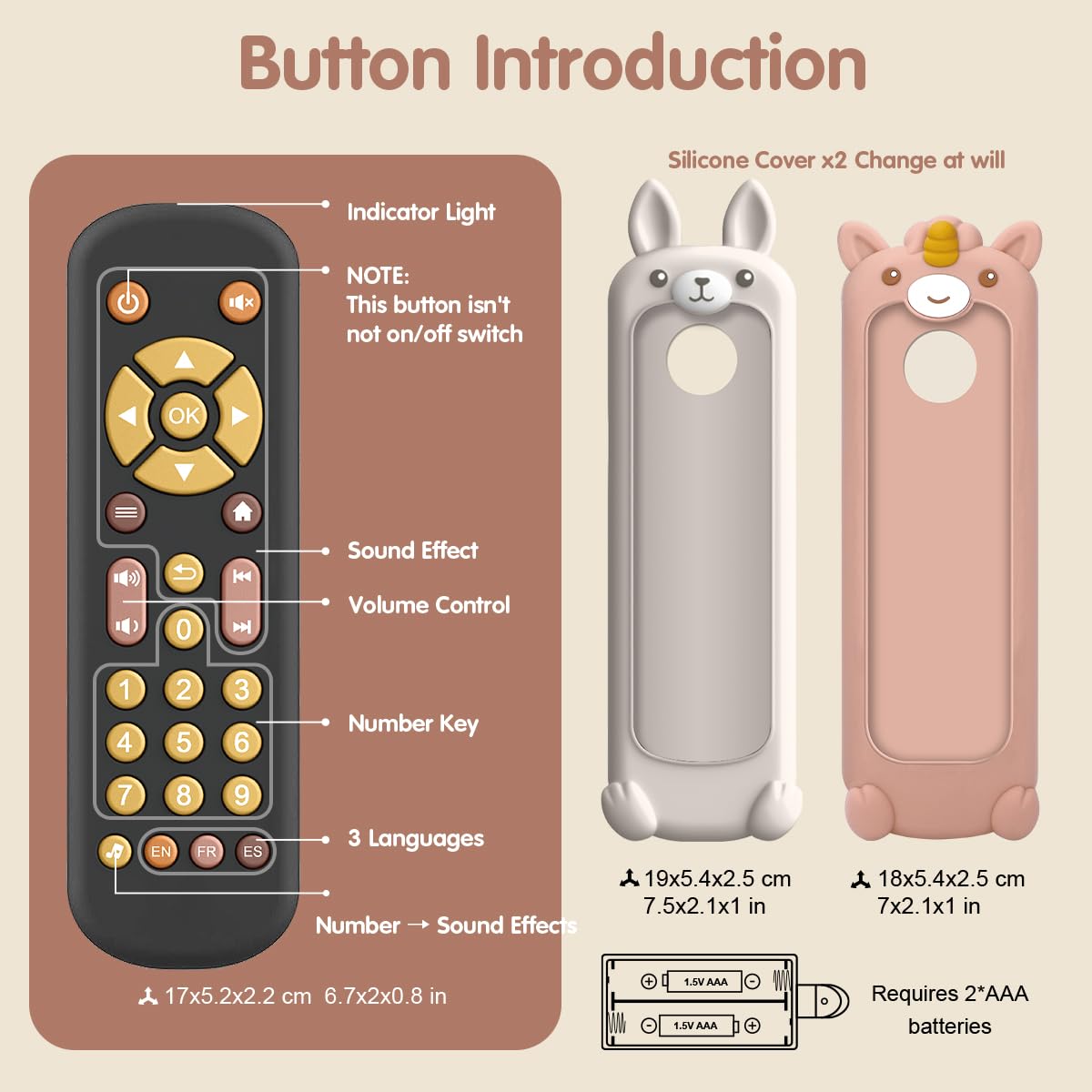 Nueplay Pretend Remote Control Toy for Toddlers with Light and Music-Includes 2 Washable Silicone Covers,Trilingual Number Learning in English,Spanish and French,Gifts for 1 Year Old Girls