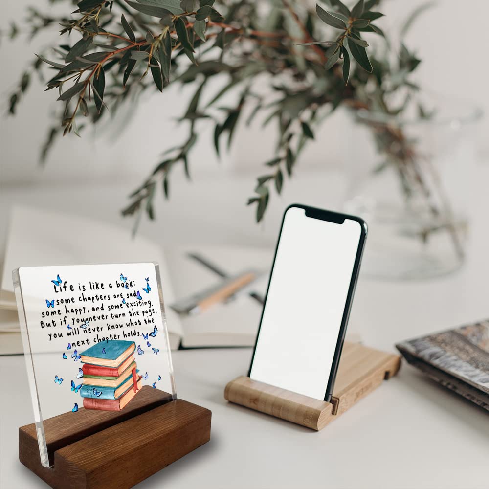 vizuzi Book Quote Home Office Desk Decor Sign Inspirational Book Lover Gift Butterfly Acrylic With Wooden Stand Sign for Book Lover Cowoker Sister Women Friends Gift