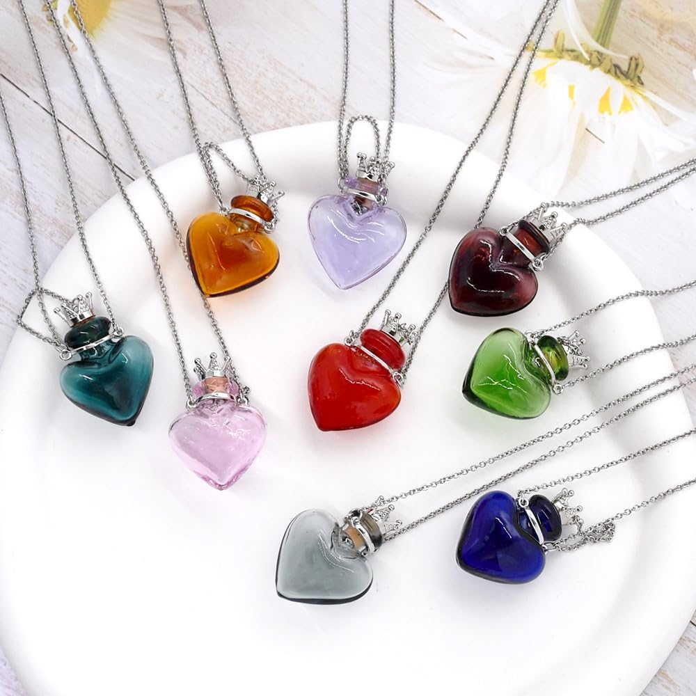 Glaze Glass Heart-Shaped Refillable Essential Oil Necklace Pendant - Aromatherapy Perfume Diffuser Pendant with Stainless Steel Chain (Blackish Green)