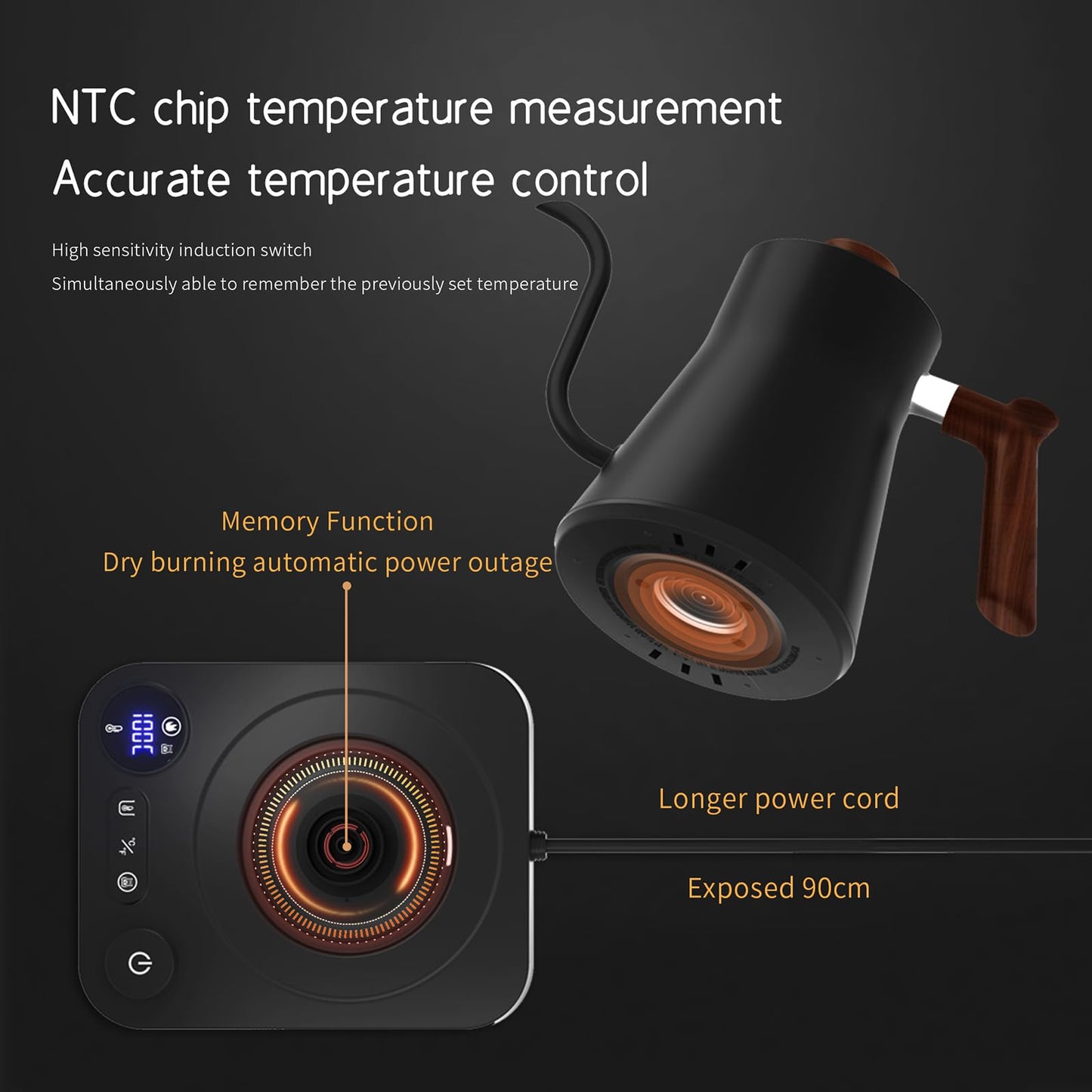 Gooseneck Electric Kettle,Electric Kettles, ±1℉ Temperature Control, Ultra-Quiet 304 Stainless Steel, for Coffee, Tea & Milk, Auto Boil Detection, 8 Safety Protections & Memory Function(Black,0.9L)