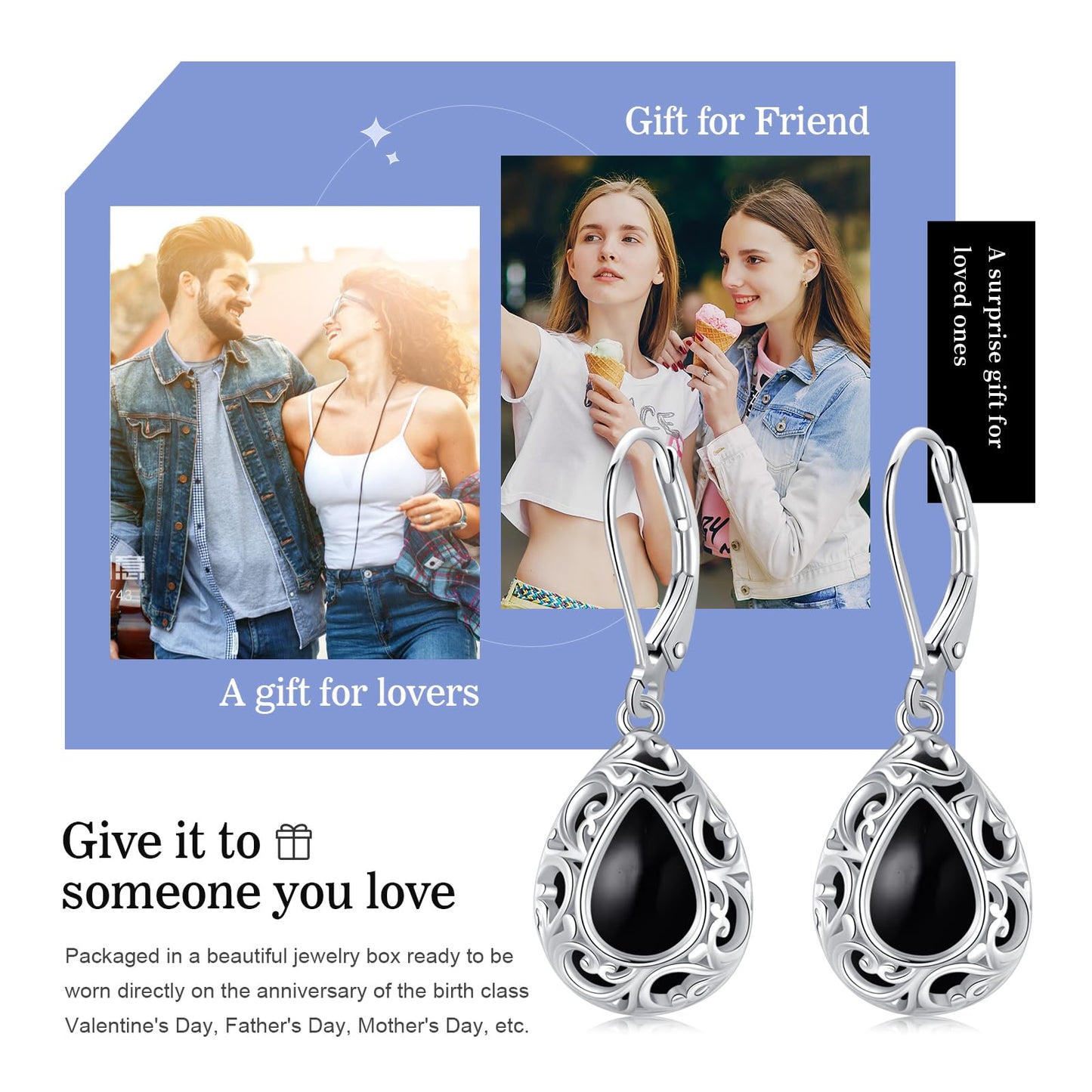 KoyeKei Filigree Black Onyx Leverback Earrings for Women 925 Sterling Silver Black Onyx Teardrop Dangle Drop Earrings Jewelry Filigree Anniversary Graduation Gifts for Sister Daugther Her