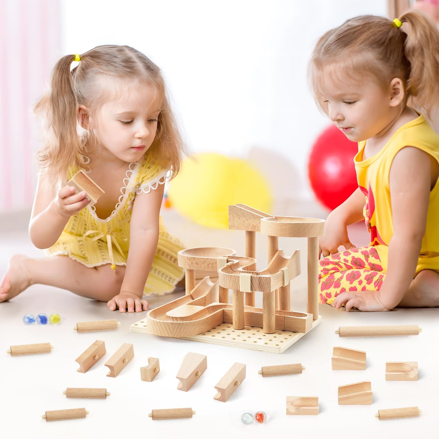 Wooden Marble Runs for Kids 4-8, 34 Pcs Marble Rush Track Maze Construction Play Set, STEM Learning Toys, Wood Building Blocks Toys, Gift for Boys & Girls