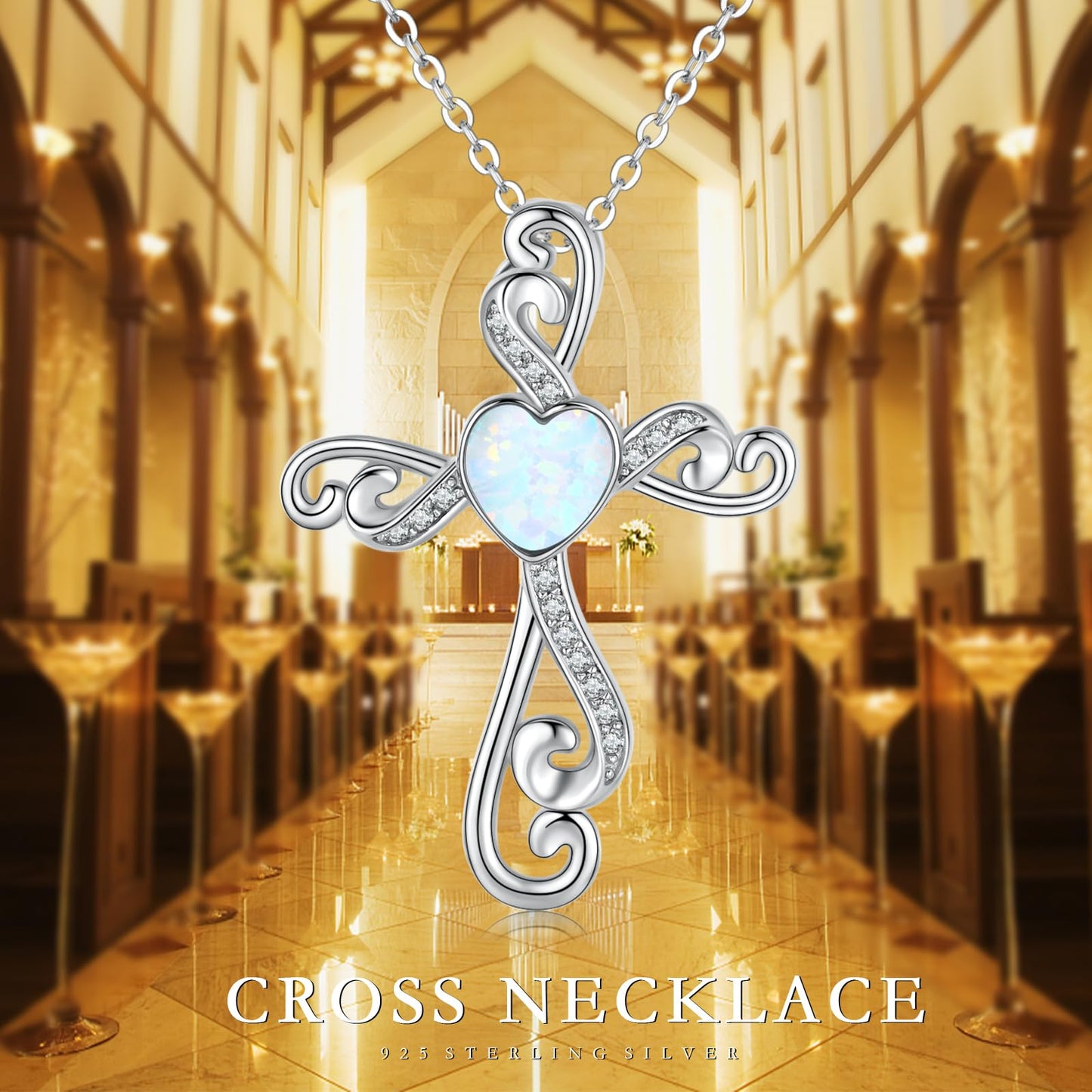 Twoowl Cross Necklace 925 Sterling Silver Opal Necklace Cross Crucifix Pendant Christian Catholic Religious Jewelry Gifts for Women