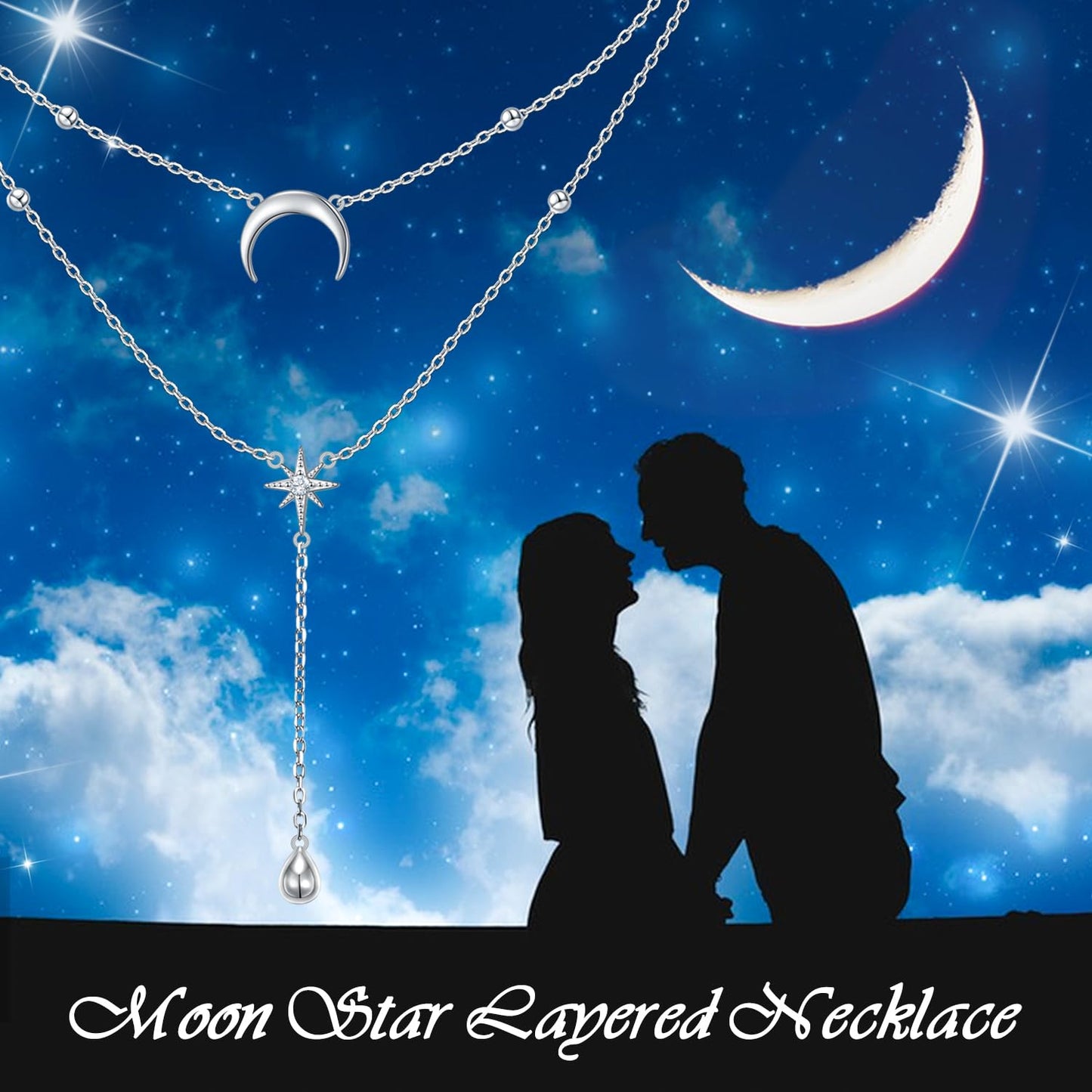 FLYOW Moon Star Layered Necklace for Women S925 Sterling Silver Double Choker Y Lariat Long Chain Necklace Birthday Mother Daughter Necklace for Ladies Mother Wife