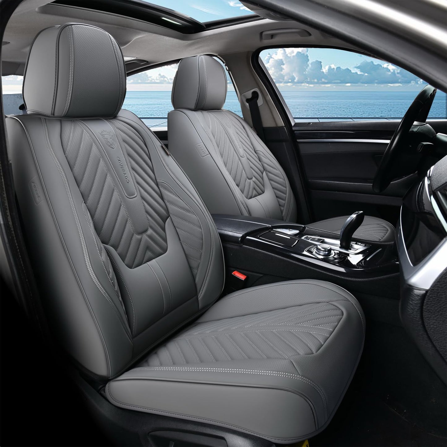 Coverado Car Seat Covers, Leatherette Seat Covers Full Set, Automotive Seat Covers Protector Cover Seat Universal Fit for Most Cars SUV Truck with Lumbar Support(Gray)