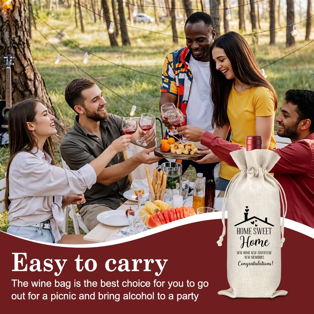 WHTYEFZ Home Sweet New Home New Adventure New Memories Canvas Wine Bag, Housewarming Theme Reusable Tote Gifts for New Homeowner, Housewarming New Beginning Gifts for Sister Friend Neighbor Wine Lover