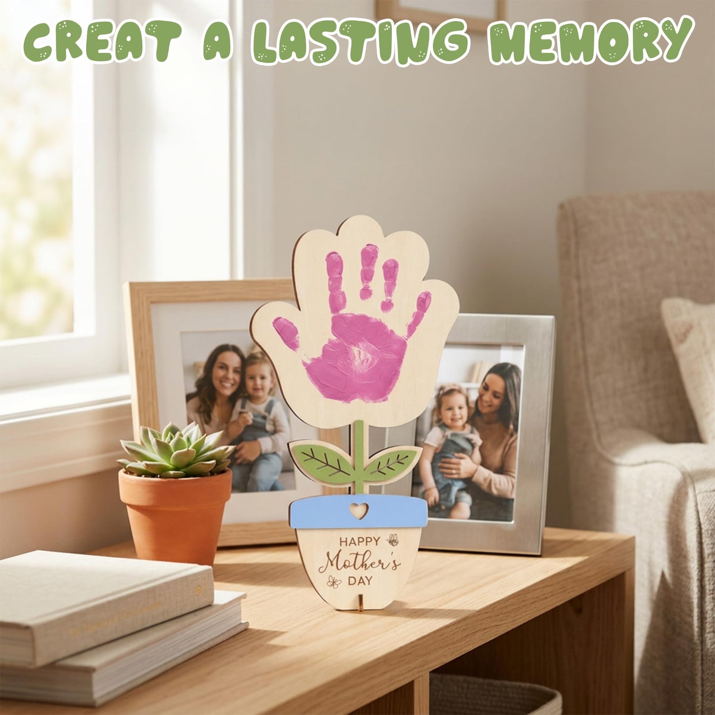 HYPERI DIY Mothers Day Crafts for Kids Handprint Art, Handprints Wooden Rose Flower Bouquet, Mothers Day Gifts for Mom from Kids, for Grandma from Grandkids, Mothers Day Keepsake Craft (Pot)