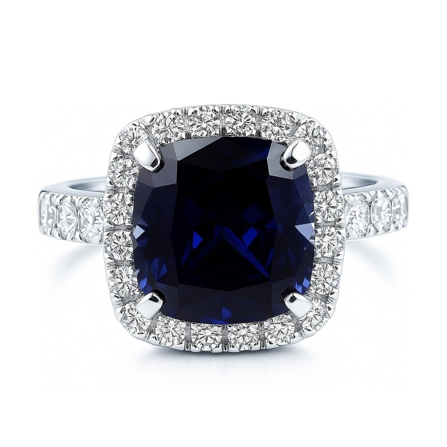 BERRICLE Sterling Silver Halo Simulated Blue Sapphire Cushion Cut Cubic Zirconia CZ Statement Cocktail Fashion Ring for Women, Rhodium Plated