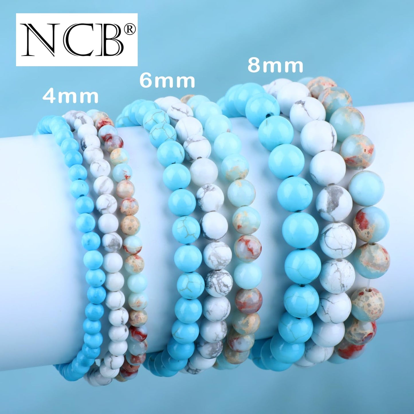 NCB 3-Piece 8mm Natural Crystal Gemstone Stretch Bracelets – Agalmatolite Jasper, Blue Turquoise, Howlite Handmade Reiki Energy Healing Jewelry for Meditation,Yoga, Unisex
