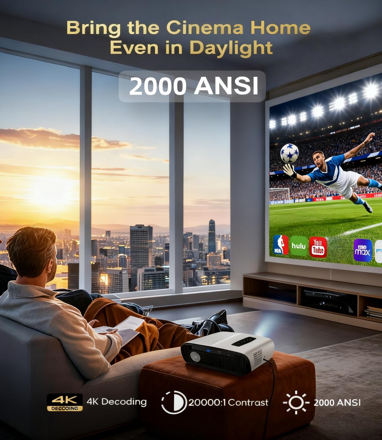 4K Office Smart Projector and Screen Combo – HDR10+ Outdoor Projector AI-AutoFocus, 2000 ANSI Daytime, WiFi6 Bluetooth, 38W DSP Speaker, Android 11, NFC HDMI USB for Dormitory Gaming Art Tracing