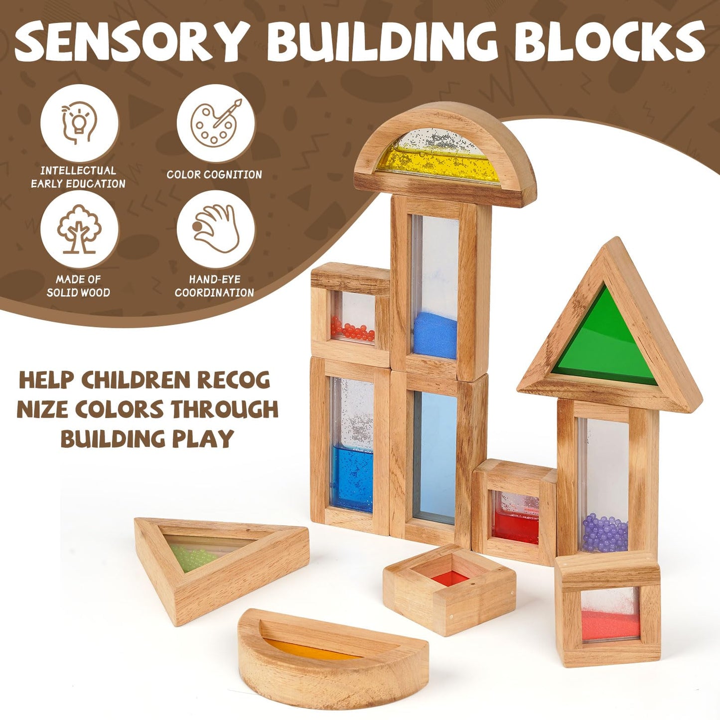 AXEARTE Large Rainbow Wooden Building Blocks for Toddlers Baby Kids, 16 Pcs Colorful Geometry Stacking Construction Toy Set Sensory Toys, Preschool Educational Toy for Boys & Girls