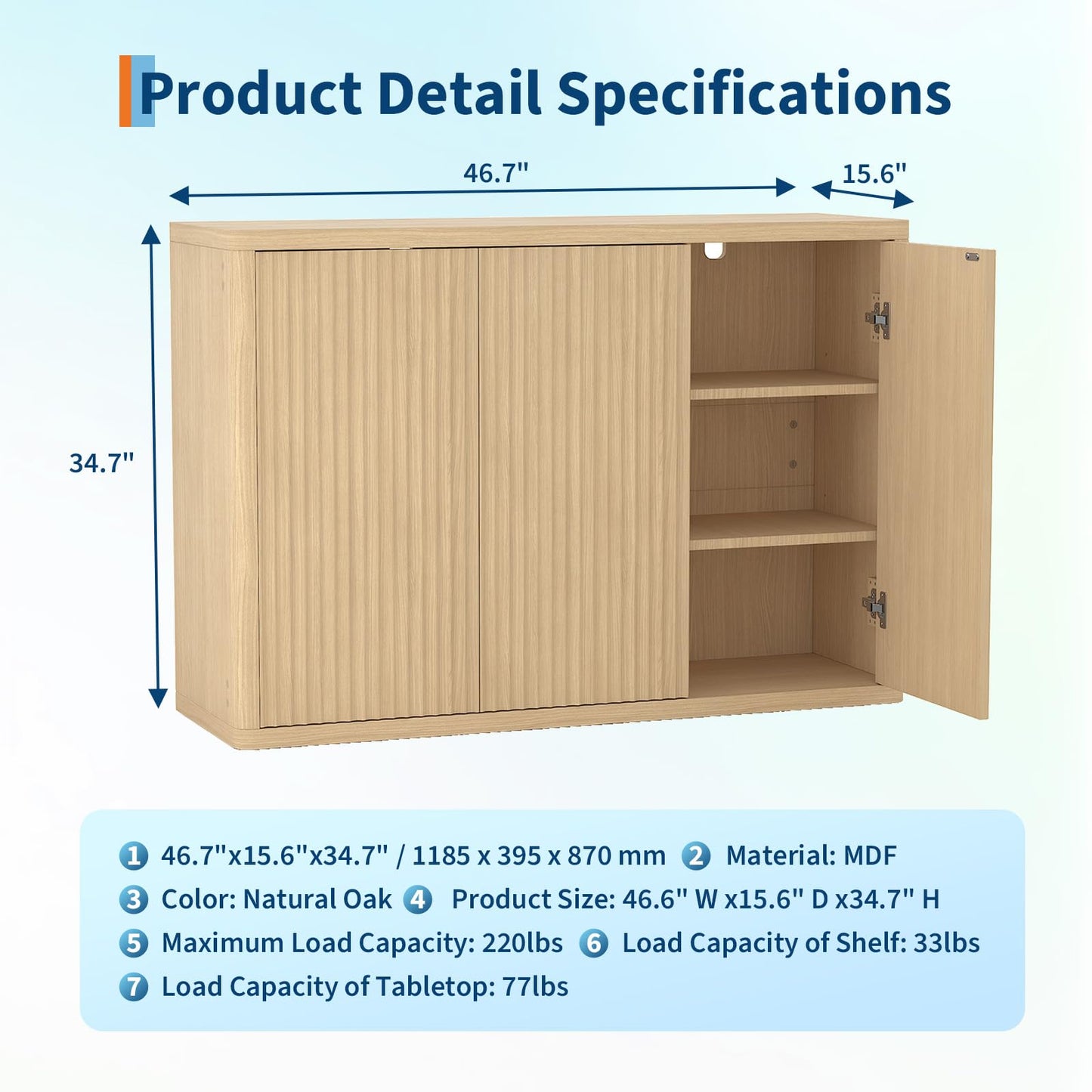 46.7 in Sideboard Buffet Cabinet with Storage, Wooden Fluted Storage Cabinet Sideboard with Adjustable Shelves and 3 Doors, Wood Accent Credenza Coffee Bar Table for Kitchen Living Room- Natural