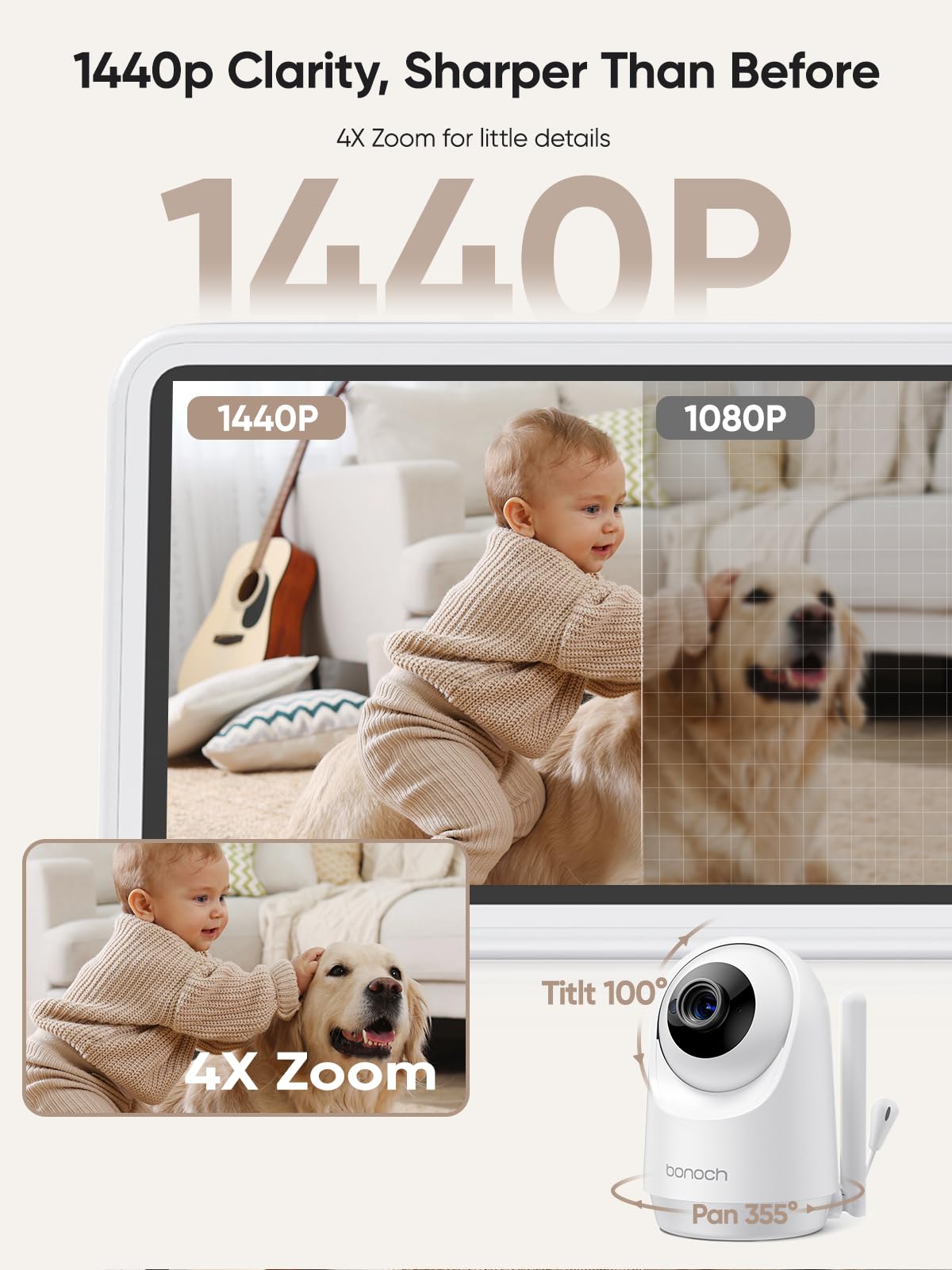 bonoch 5.5" 1440p Baby Monitor with Camera and Audio, No WiFi Baby Camera, 240h Lasting, Smart Detect Sleep Turn Over/Cry/Motion, 7800mAh, Hack Proof Video Monitor, Built-in Sound Machine White Noise