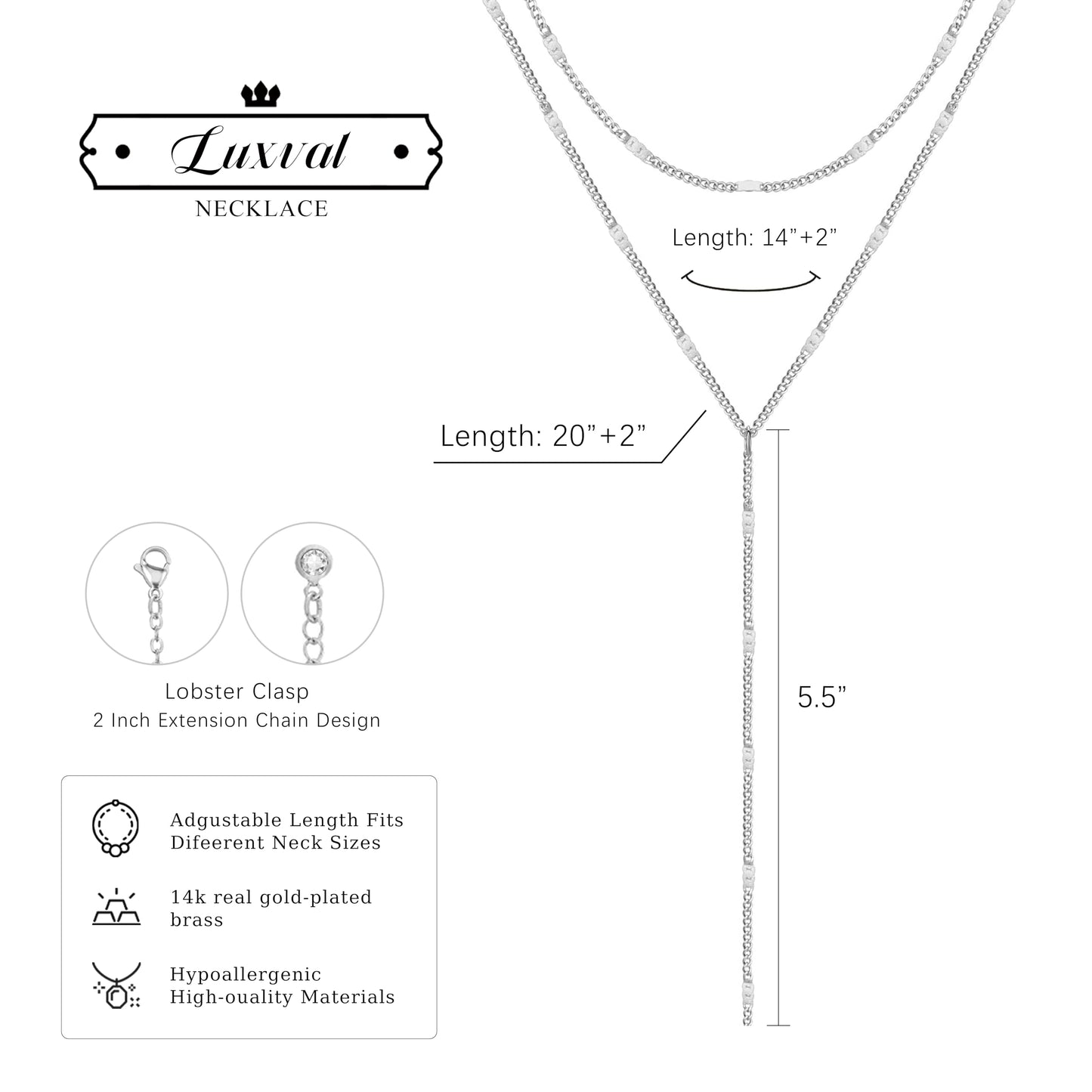 Luxval Silver Necklace for Women Dainty 14K Silver Plated Layered Necklaces for Women Trendy Lariat Beaded Long Necklace Simple Jewelry Gifts